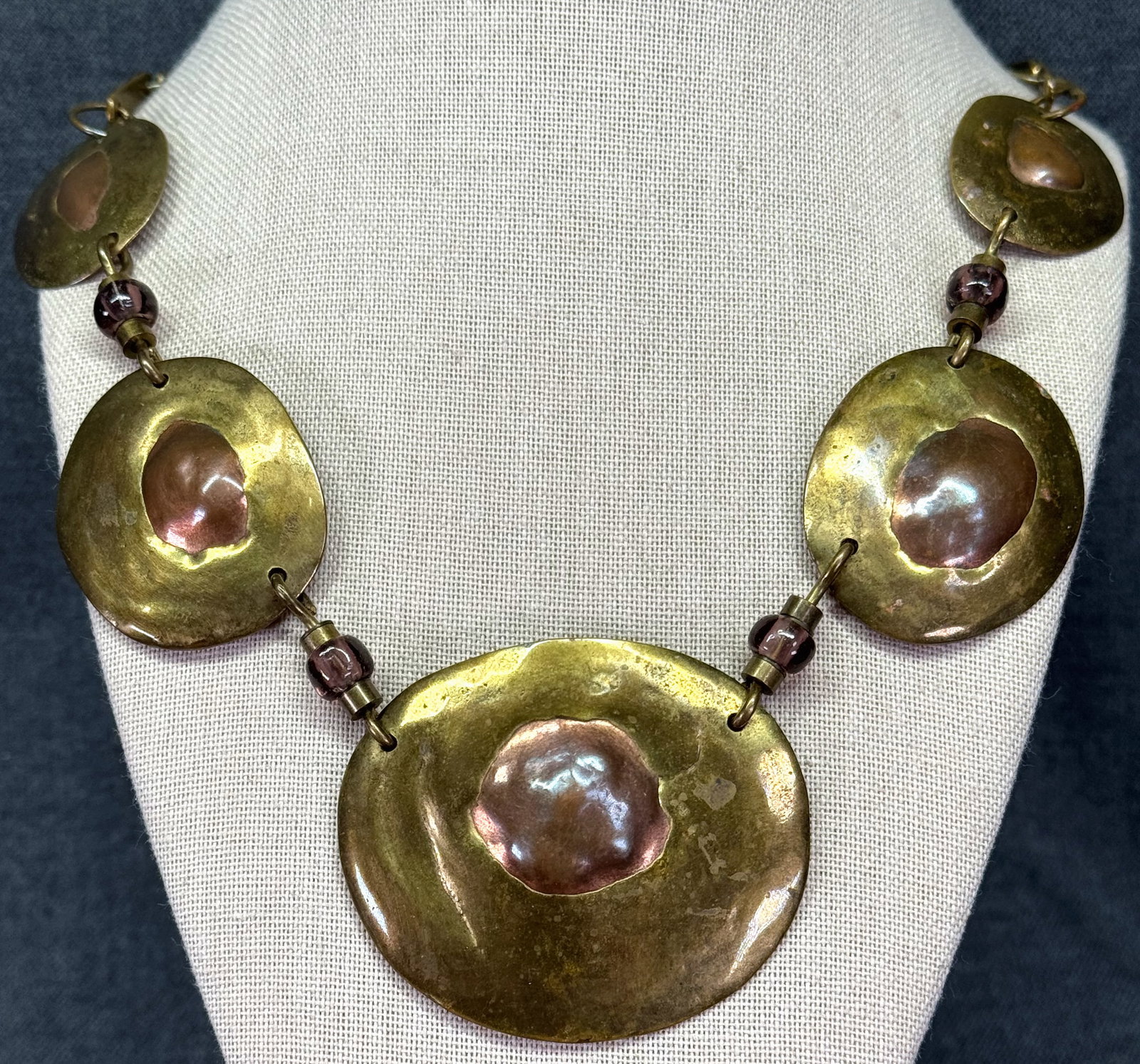Vintage 90s brutalist modernist Michael Schwade copper, bronze & glass necklace. V (1 of 8)