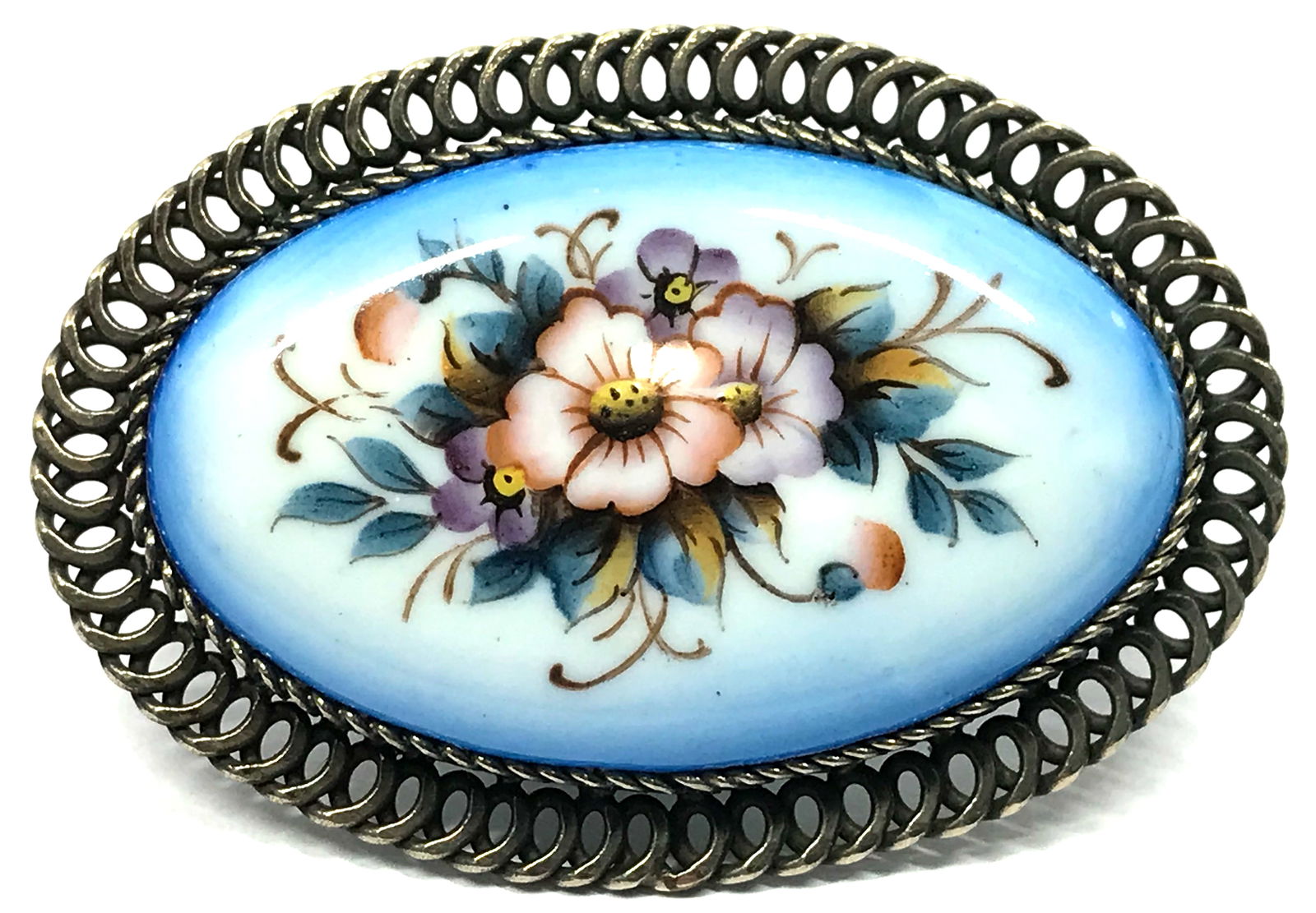 Vintage antique Rostov Finifit hand painted flowers enamel metal filigree frame pin brooch 1AAT (1 of 7)