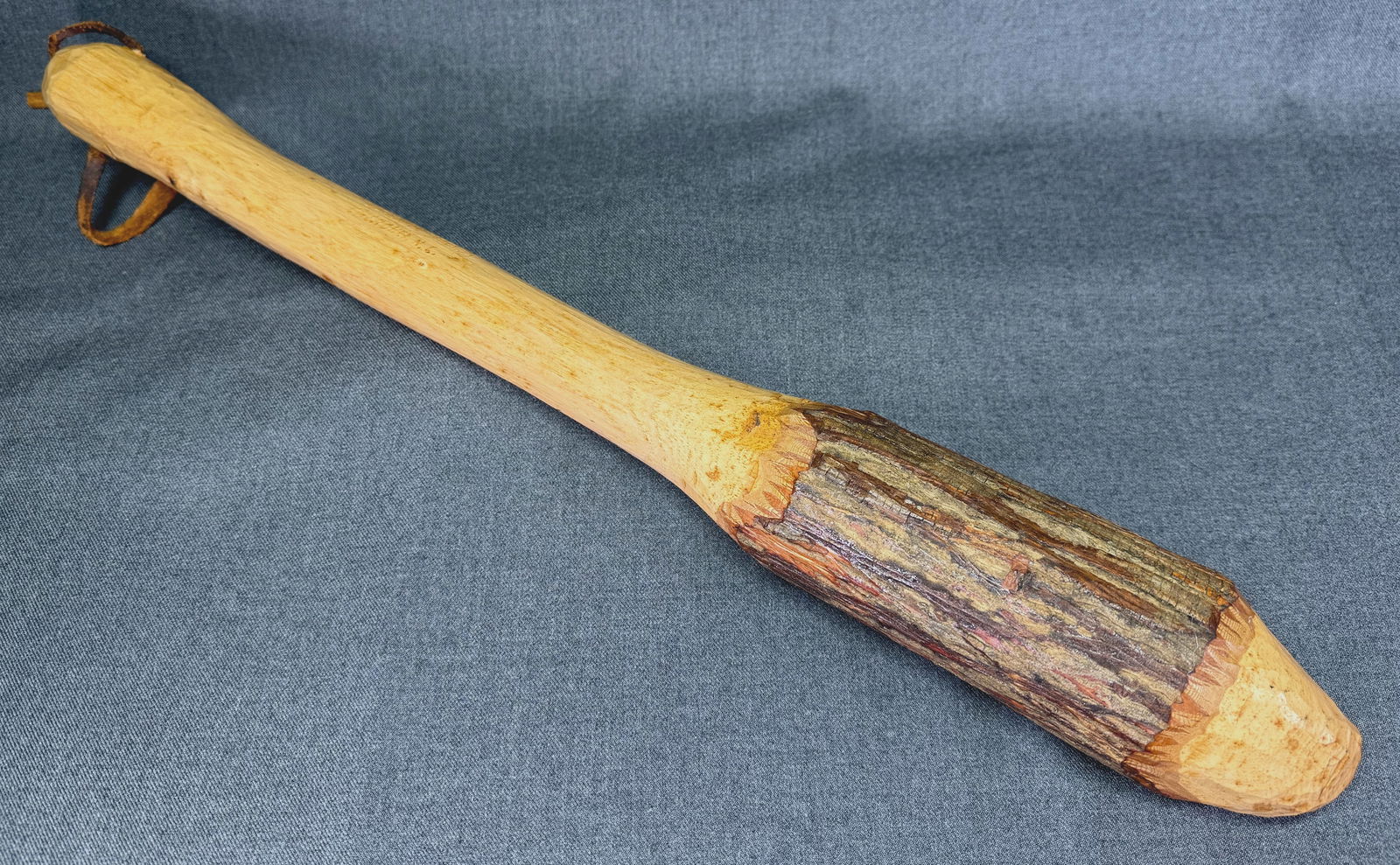 Signed Seaborn Bradley (1907-1991) Cherokee Club, circa 1950. Carved wood, leather. (1 of 12)