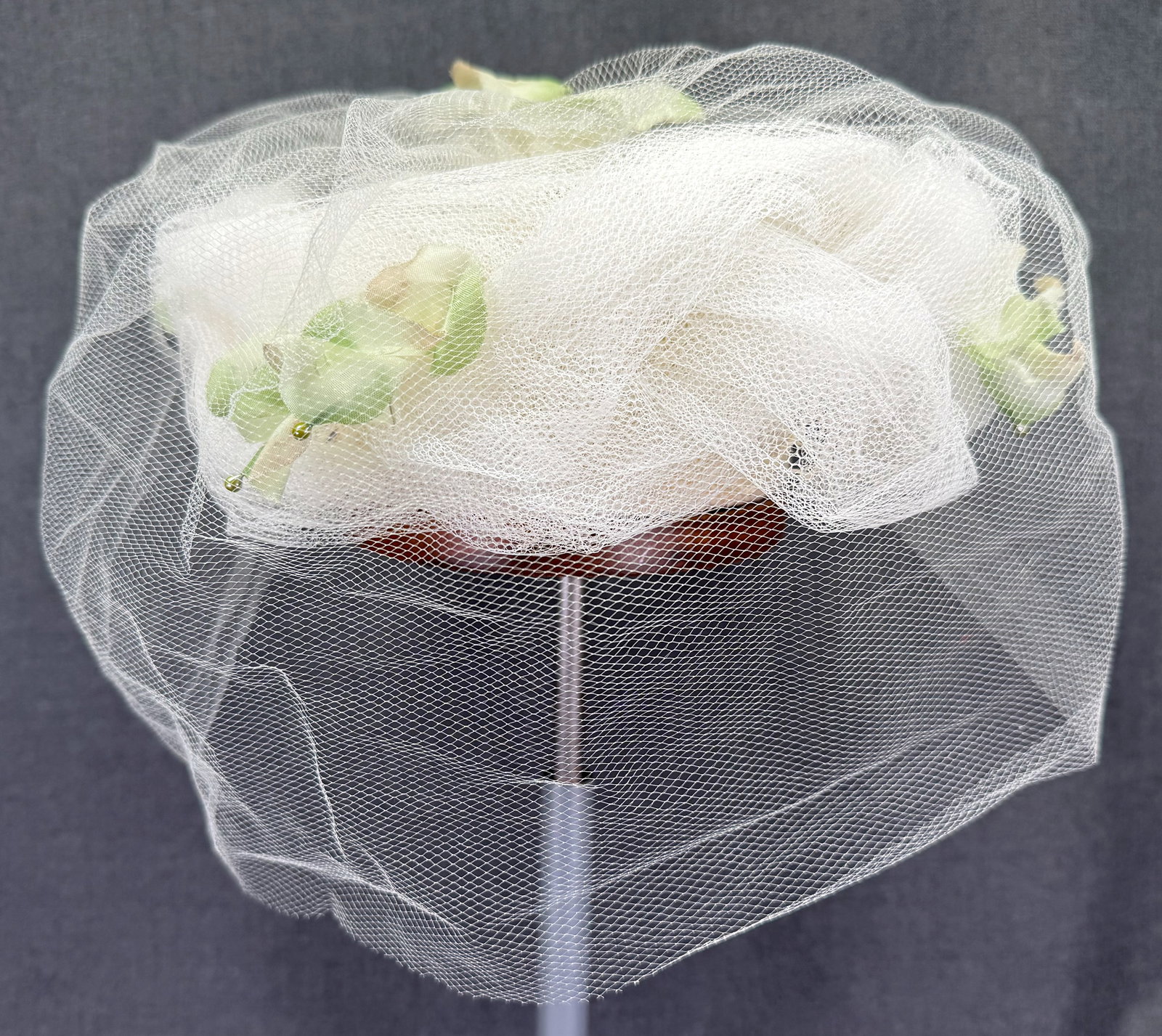 Vintage wedding bride pleated tulle hat with neat. Pale green fabric petals & pearly beads. (1 of 10)