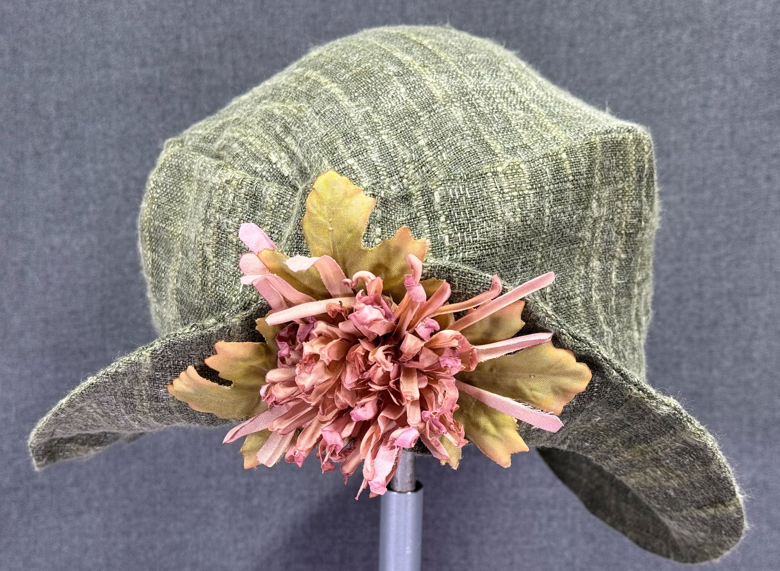 Vintage fall colors fabric flower & leaves greenish hat (1 of 8)
