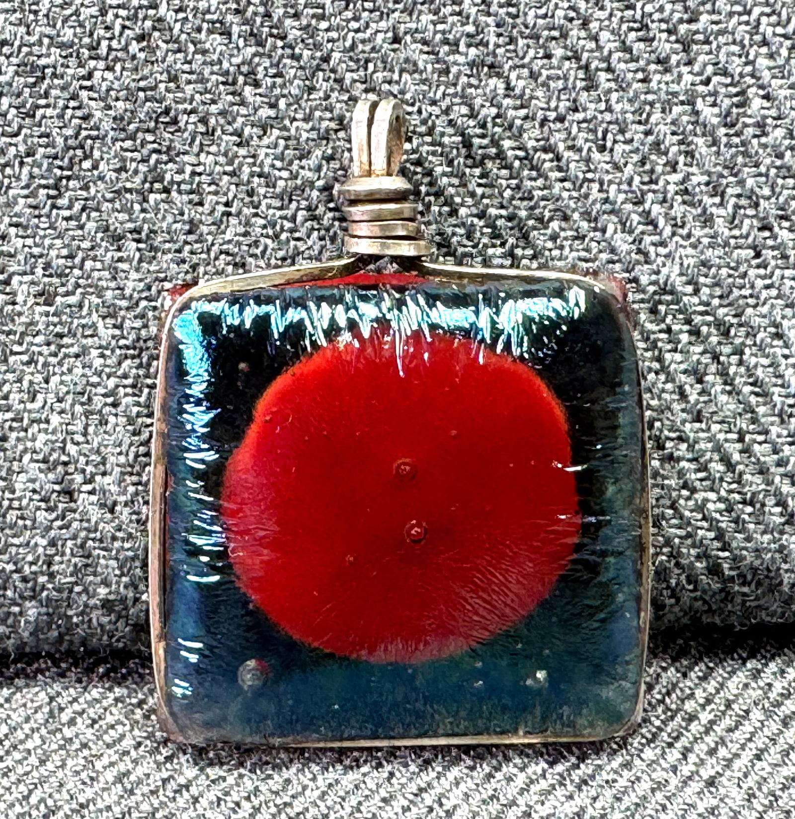 Vintage iridescent translucent and red dot fused glass sterling silver wrap pendant. V: IN HOUSE FLAT SHIPPING & HANDLING COST WITHIN ALL THE U.S. : 7 To bypass LiveShipping, and use our In-House shipping service for 7 or shipping combined for multiple lots, please select “Arrange Your