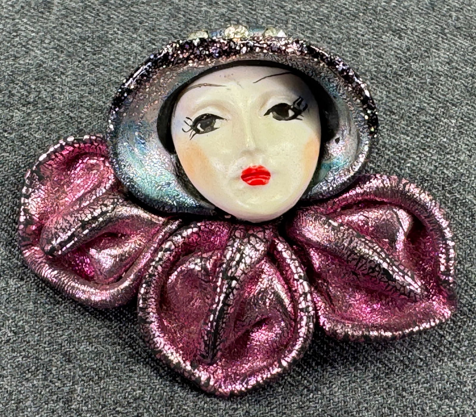 Vintage artisan polymer clay, crystals & resin flapper woman brooch pin (1 of 7)