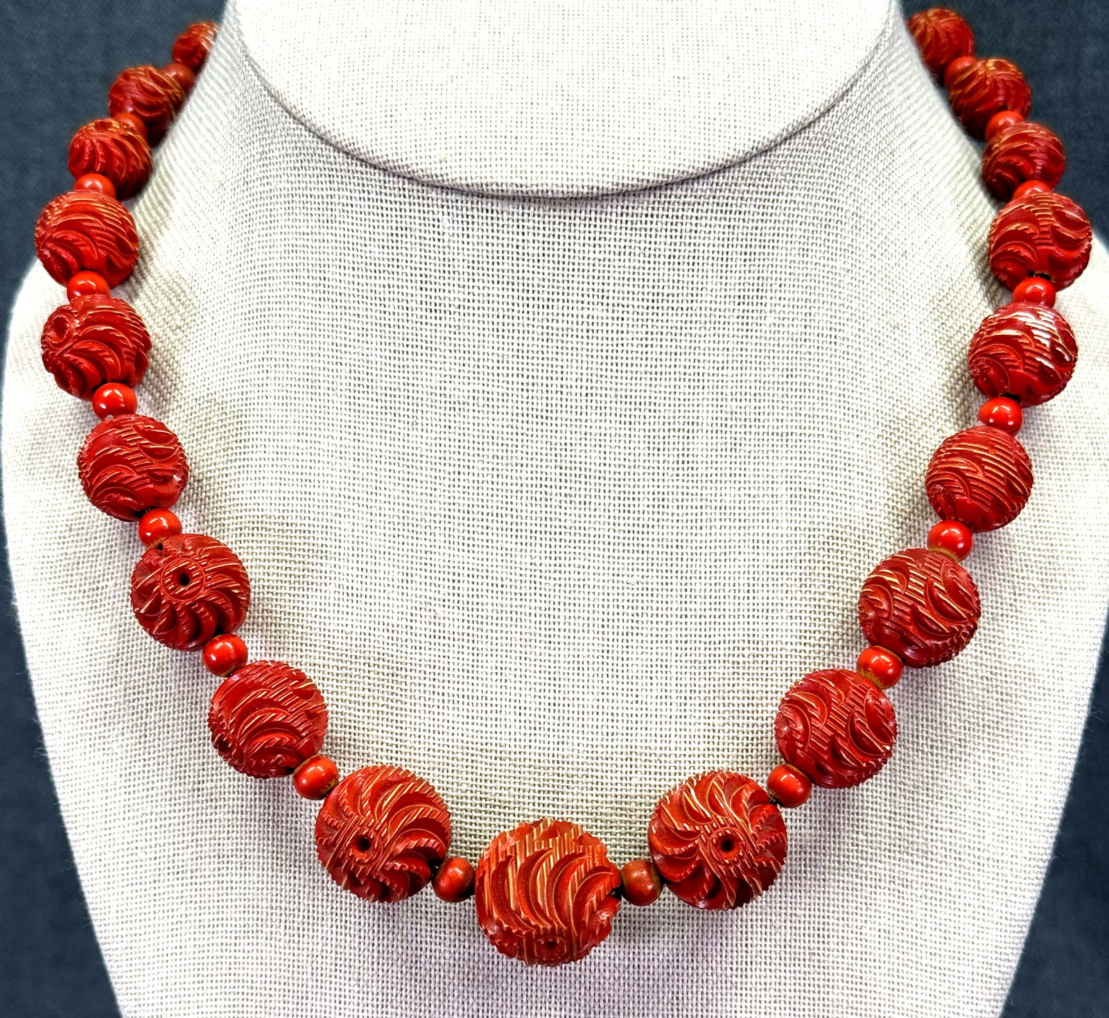Vintage Louis Rousselet Carved Coral Red Galalith Necklace (1 of 10)