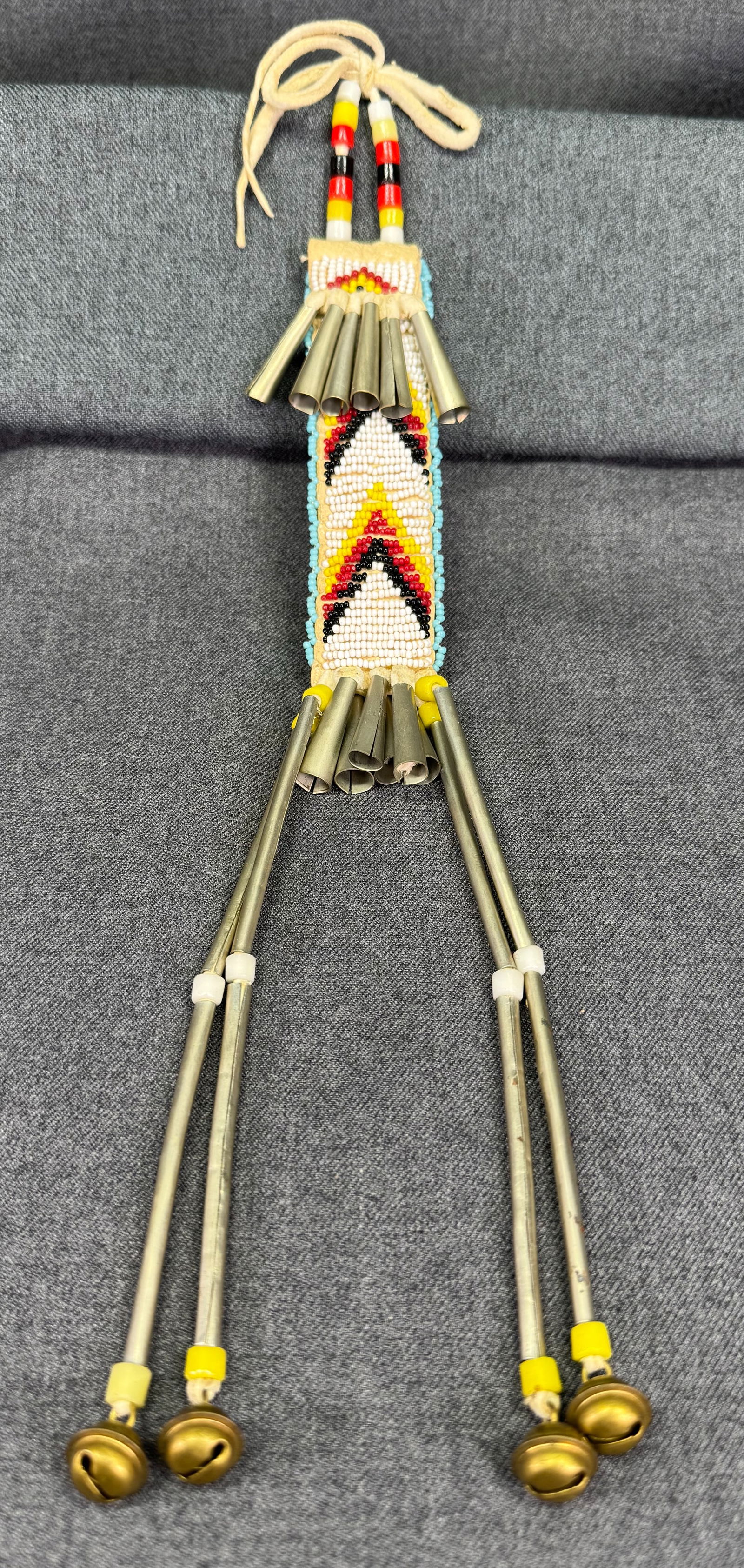 Vintage native American beaded leather pouch bag .Metal dangles & bells (1 of 8)