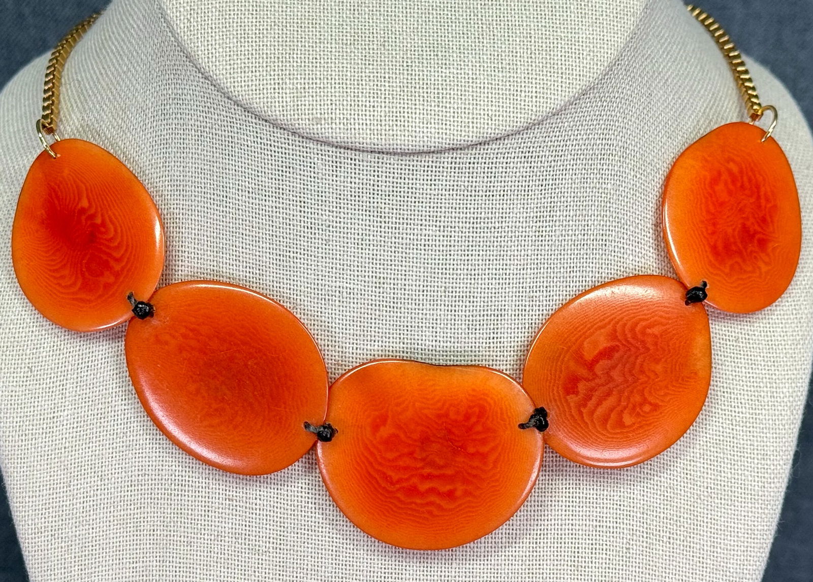 Artisan crafted dyed orangine tagua nut beads necklace. Glass beads, goldtoned box chain: IN HOUSE FLAT SHIPPING & HANDLING COST WITHIN ALL THE U.S. : 7 To bypass LiveShipping, and use our In-House shipping service for 7 or shipping combined for multiple lots, please select “Arrange Your