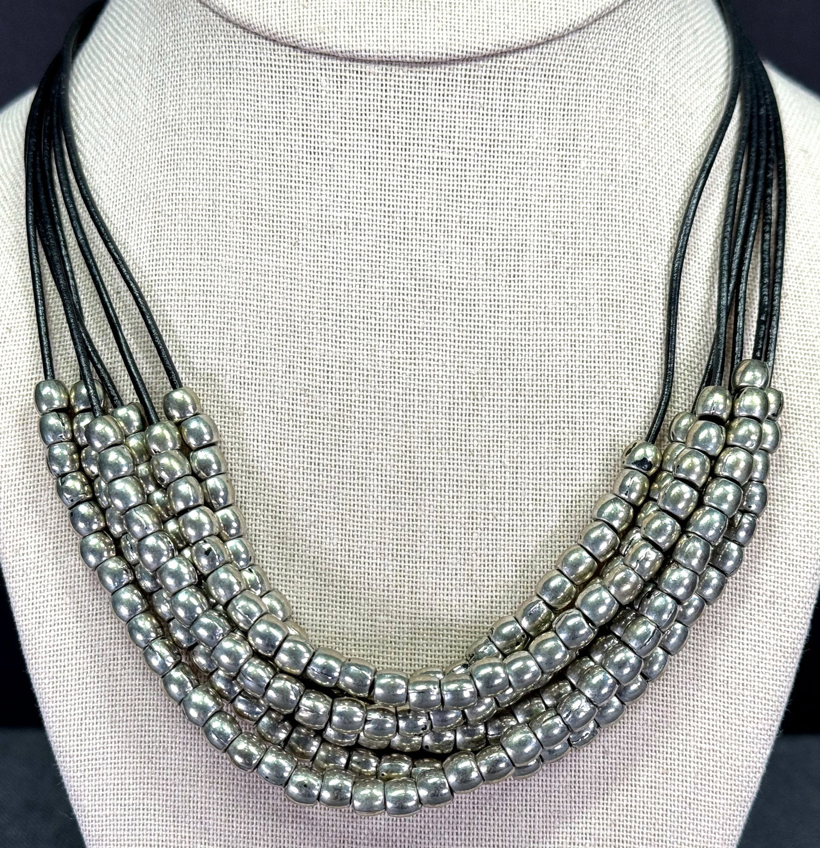 Moon C Paris sliding silvertone metal beads genuine leather strings multistrands necklace (1 of 11)