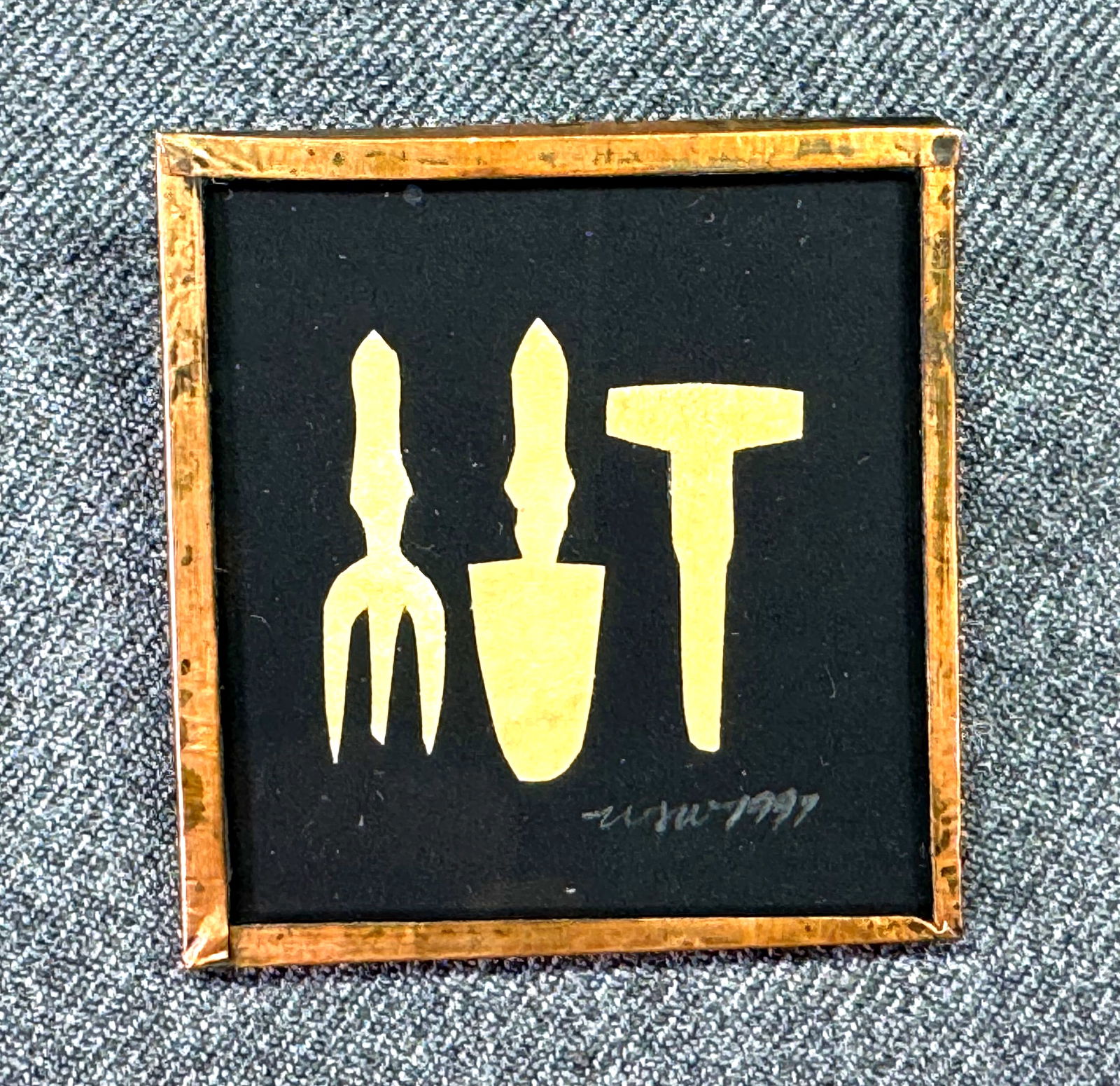 Vintage artist toolwork collage with copper frame miniature brooch pin. Signed WSW 1991 (1 of 6)