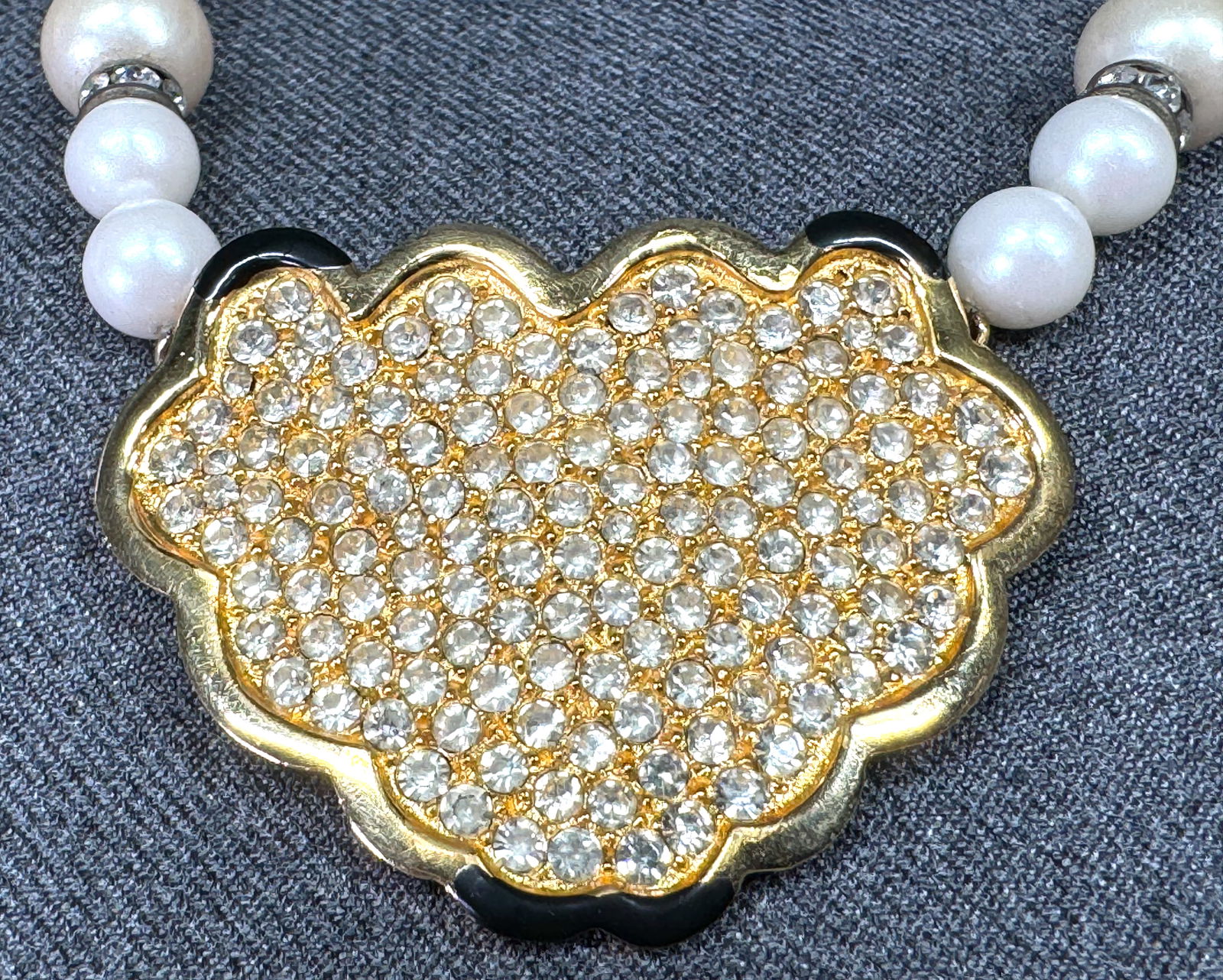 Vintage encrusted rhinestones enamel goldtone metal medallion faux pearls beaded strap necklace. (1 of 7)