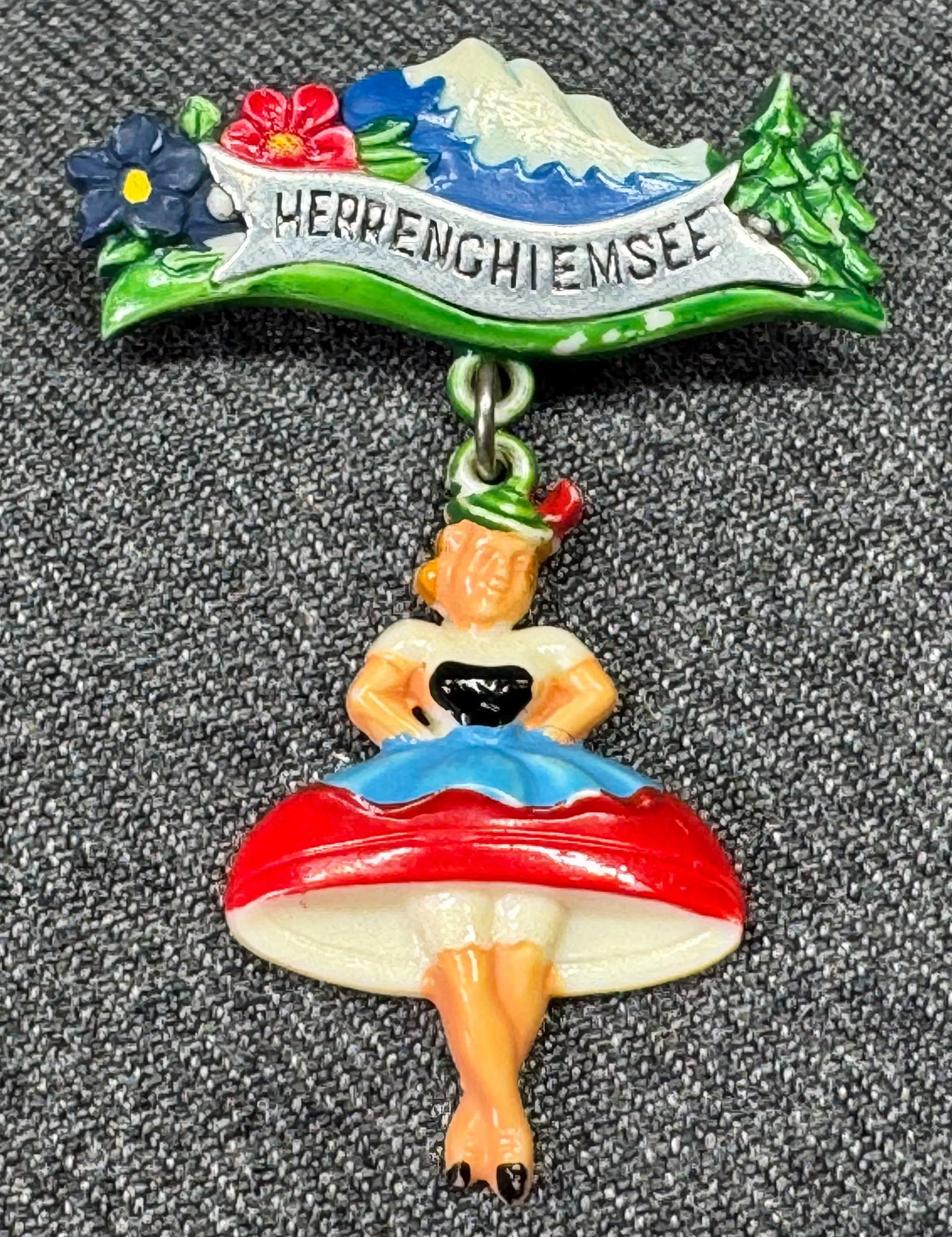 Vintage Herremchiensee with girl dangle celluloid souvenir brooch pin: IN HOUSE FLAT SHIPPING & HANDLING COST WITHIN ALL THE U.S. : 7 To bypass LiveShipping, and use our In-House shipping service for 7 or shipping combined for multiple lots, please select “Arrange Your