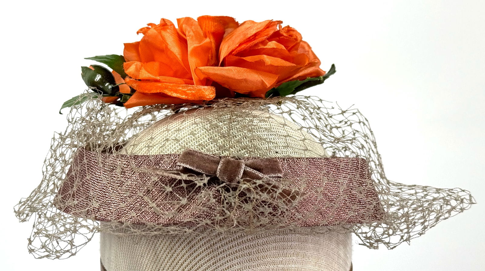 Vintage orange fabric flowers & brown velvet bow silky fabric crown hat with net.: IN HOUSE FLAT SHIPPING & HANDLING COST WITHIN ALL THE U.S. : 10 To bypass LiveShipping, and use our In-House shipping service for 10 or shipping combined for multiple lots, please select “Arrange Yo