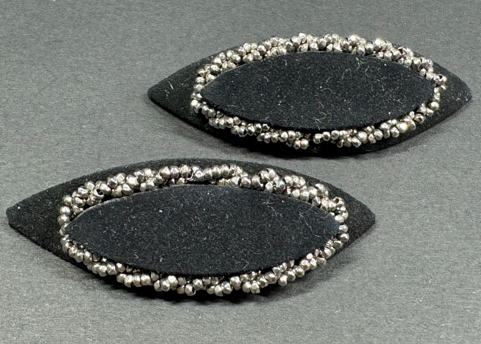 Vintage embroidery silver metallic microbeads black suede shoe clips.: IN HOUSE FLAT SHIPPING & HANDLING COST WITHIN ALL THE U.S. : 7 To bypass LiveShipping, and use our In-House shipping service for 7 or shipping combined for multiple lots, please select “Arrange Your