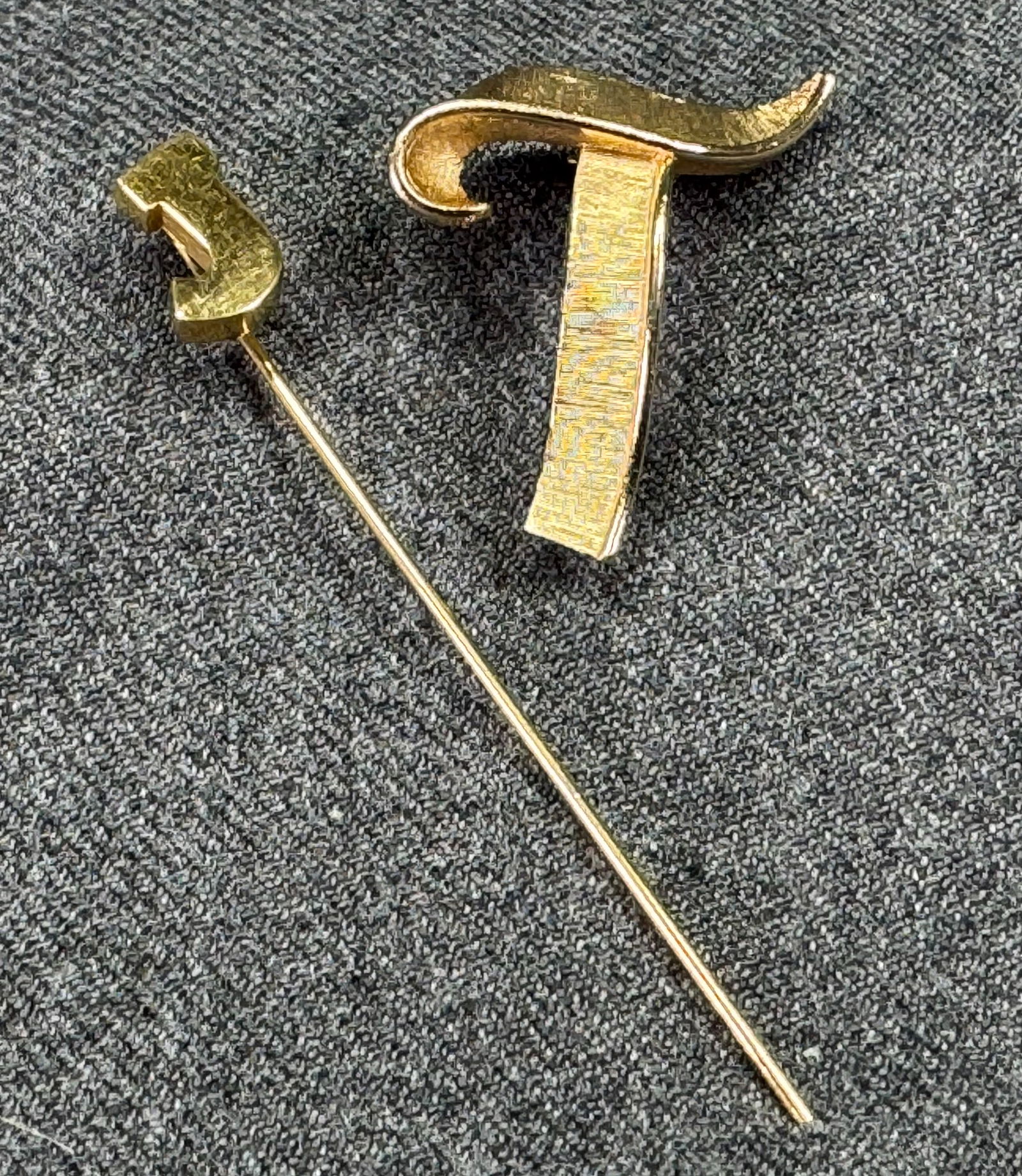 Vintage Crown Trifari goldtone letter T pin brooch & letter J stick pin: IN HOUSE FLAT SHIPPING & HANDLING COST WITHIN ALL THE U.S. : 7 To bypass LiveShipping, and use our In-House shipping service for 7 or shipping combined for multiple lots, please select “Arrange Your