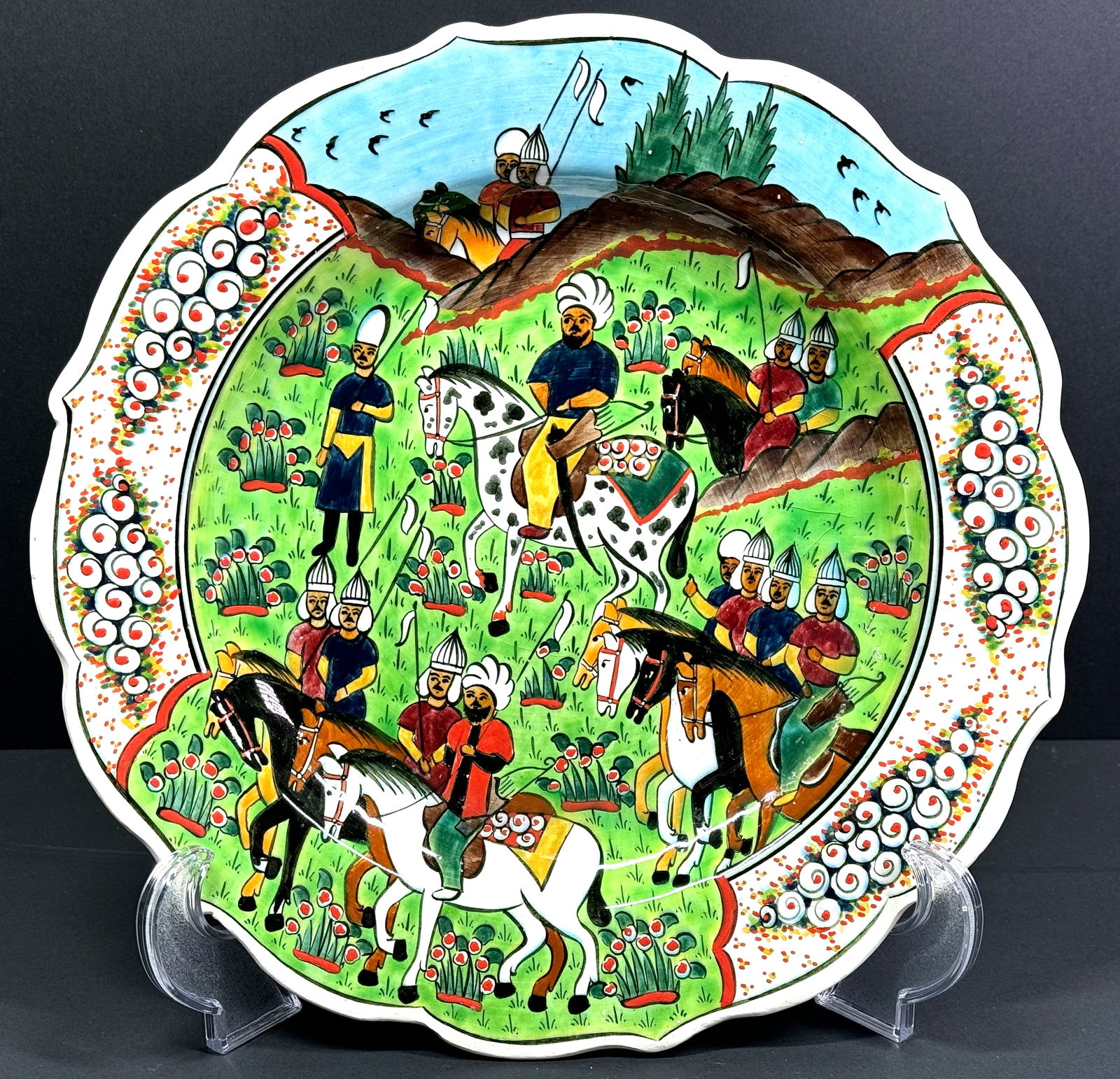 Vintage Turkish Kutahya Merve Cini Plate. Hand painted pottery.: IN HOUSE FLAT SHIPPING & HANDLING COST WITHIN ALL THE U.S. : 14 To bypass LiveShipping, and use our In-House shipping service for 14 or shipping combined for multiple lots, please select “Arrange Yo