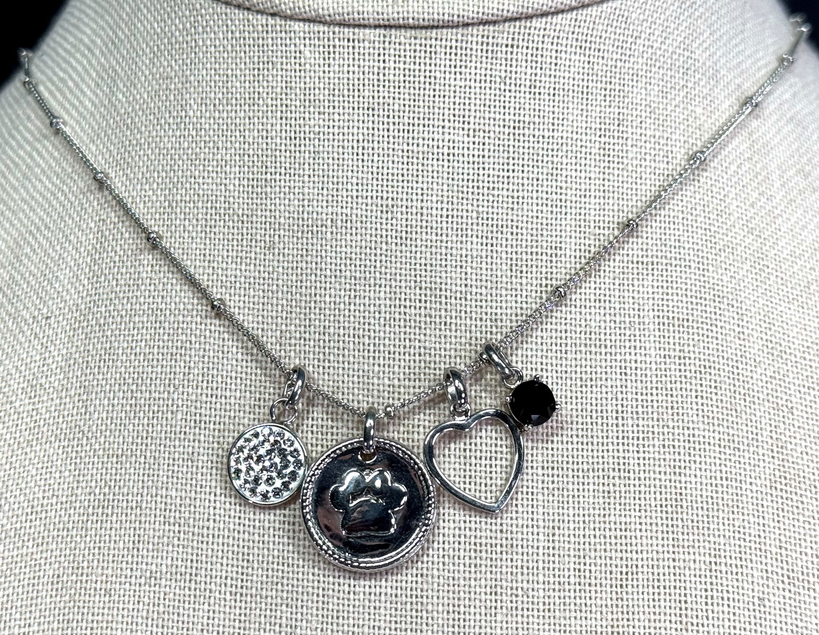 SU CH paw print, heart & other 2 jeweled silvertone metal charms pendants chain strap necklace: IN HOUSE FLAT SHIPPING & HANDLING COST WITHIN ALL THE U.S. : 7 To bypass LiveShipping, and use our In-House shipping service for 7 or shipping combined for multiple lots, please select “Arrange Your