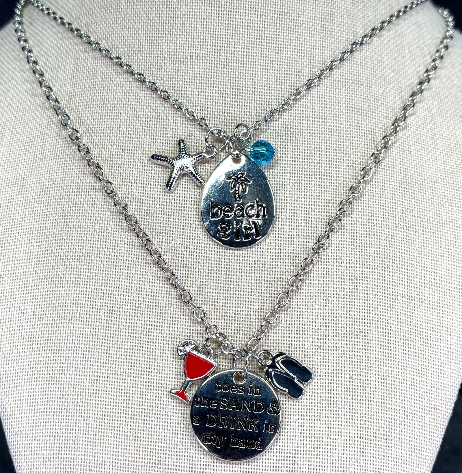 Beach Girl and Summer Time silvertone metal dangles chain strap necklaces: IN HOUSE FLAT SHIPPING & HANDLING COST WITHIN ALL THE U.S. : 7 To bypass LiveShipping, and use our In-House shipping service for 7 or shipping combined for multiple lots, please select “Arrange Your