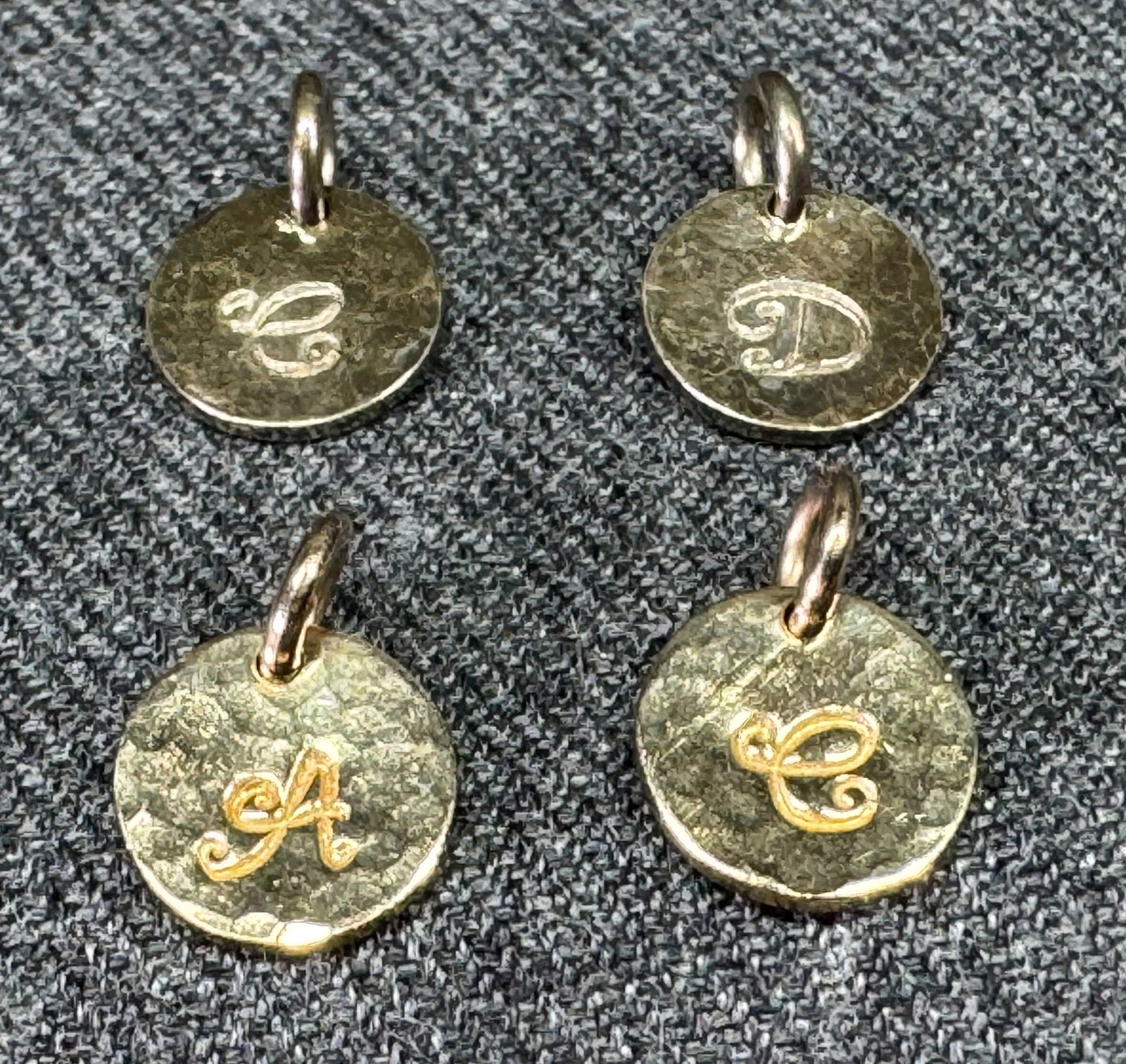 Vintage engraved letter A, D & C (2pcs) hammered goldtone metal charm pendants.: IN HOUSE FLAT SHIPPING & HANDLING COST WITHIN ALL THE U.S. : 7 To bypass LiveShipping, and use our In-House shipping service for 7 or shipping combined for multiple lots, please select “Arrange Your