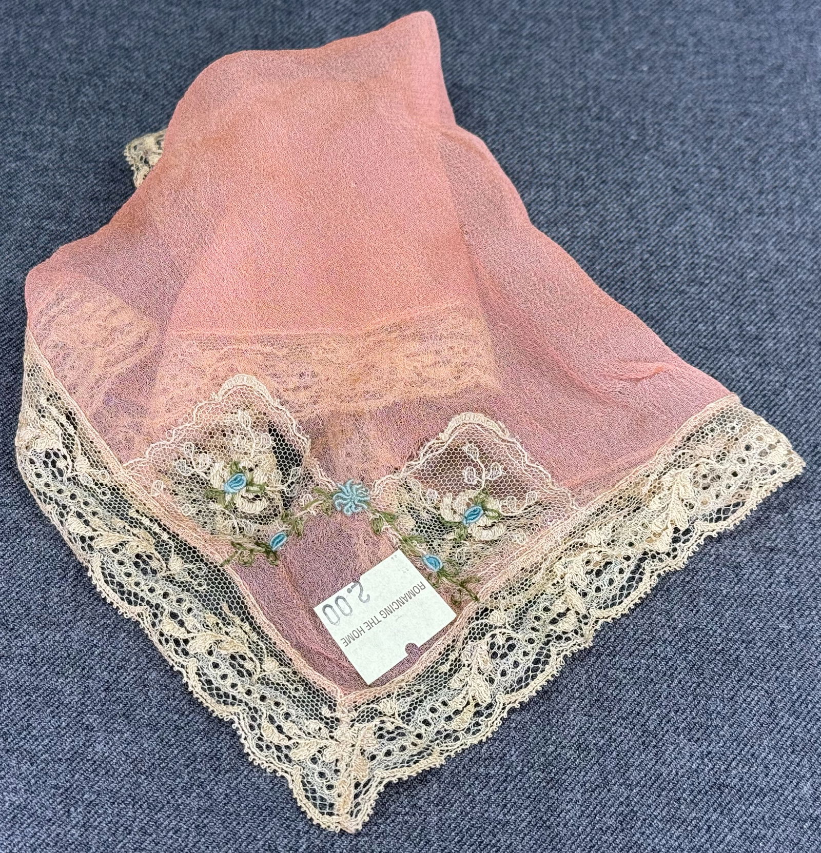 Vintage embroidery flowers coral silky beige lace trim hanky, Romance the home label (1 of 6)