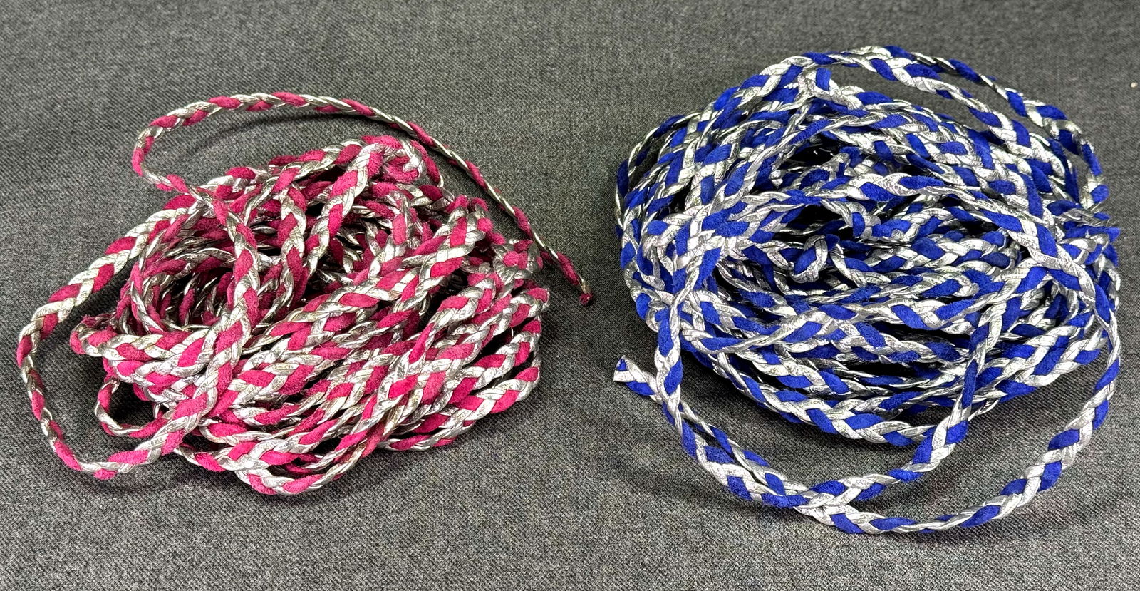 Vintage purple bluish/fuchsia real suede & silver real leather woven cord trim jewelry crafts 12 yd: IN HOUSE FLAT SHIPPING & HANDLING COST WITHIN ALL THE U.S. : 7 To bypass LiveShipping, and use our In-House shipping service for 7 or shipping combined for multiple lots, please select “Arrange Your
