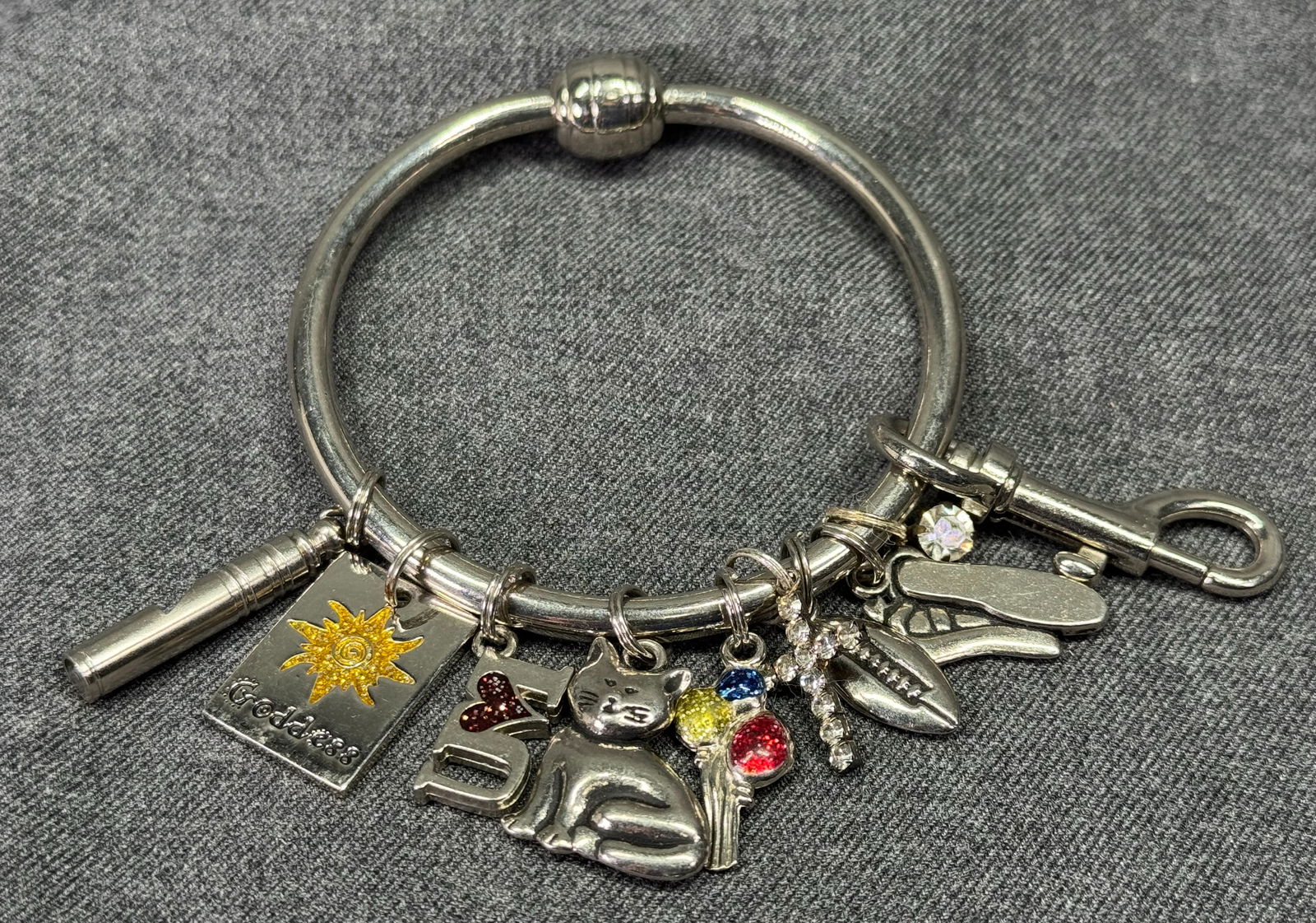 Purse bag silver-toned assorted charms ring. Whistle, cat, cross, etc (1 of 6)