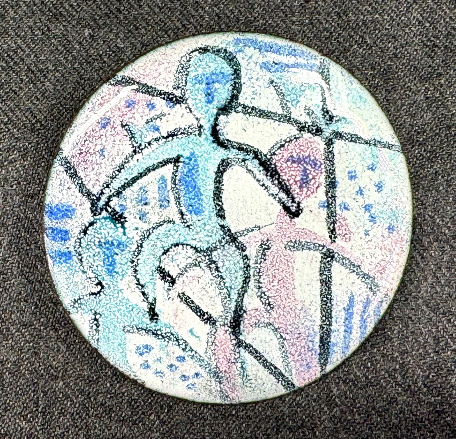 Vintage MCM hand painted figural enamel copper dome rounded pin brooch: IN HOUSE FLAT SHIPPING & HANDLING COST WITHIN ALL THE U.S. : $7 To bypass LiveShipping, and use our In-House shipping service for $7 or shipping combined for multiple lots, please select “Arrange Yo