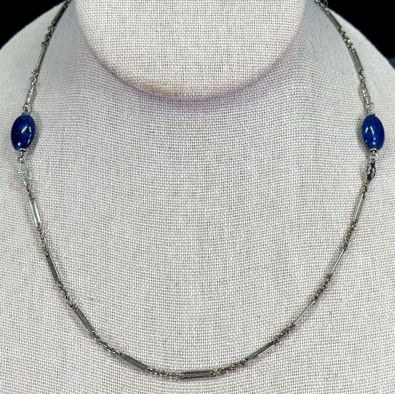 Antique German art deco blue glass beads silvertone chain necklace: IN HOUSE FLAT SHIPPING & HANDLING COST WITHIN ALL THE U.S. : $7 To bypass LiveShipping, and use our In-House shipping service for $7 or shipping combined for multiple lots, please select “Arrange Yo