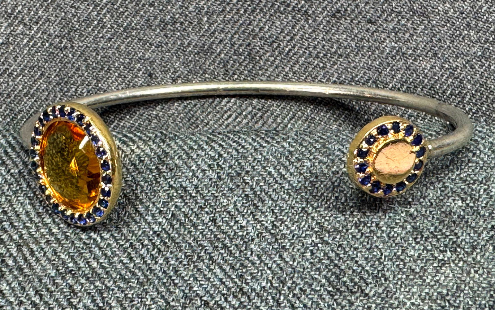 Vintage artsy encrusted citrine and sapphires 14K yellow gold, sterling silver cuff. u: IN HOUSE FLAT SHIPPING & HANDLING COST WITHIN ALL THE U.S. : $7 To bypass LiveShipping, and use our In-House shipping service for $7 or shipping combined for multiple lots, please select “Arrange Yo
