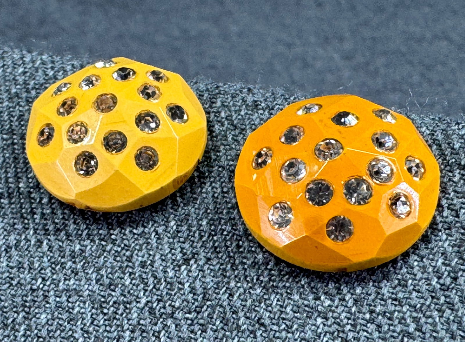 Vintage encrusted rhinestones butterscotch celluloid screw earrings: IN HOUSE FLAT SHIPPING & HANDLING COST WITHIN ALL THE U.S. : $7 To bypass LiveShipping, and use our In-House shipping service for $7 or shipping combined for multiple lots, please select “Arrange Yo