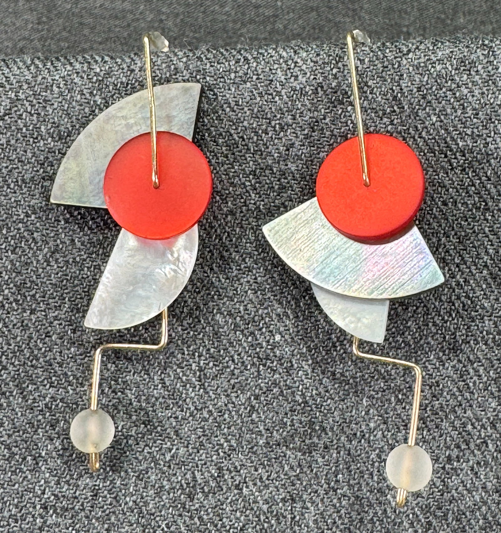 Vintage Memphis style TKO Osato Klein kinetic MOP & resin gold-filled earrings: IN HOUSE FLAT SHIPPING & HANDLING COST WITHIN ALL THE U.S. : $7 To bypass LiveShipping, and use our In-House shipping service for $7 or shipping combined for multiple lots, please select “Arrange Yo