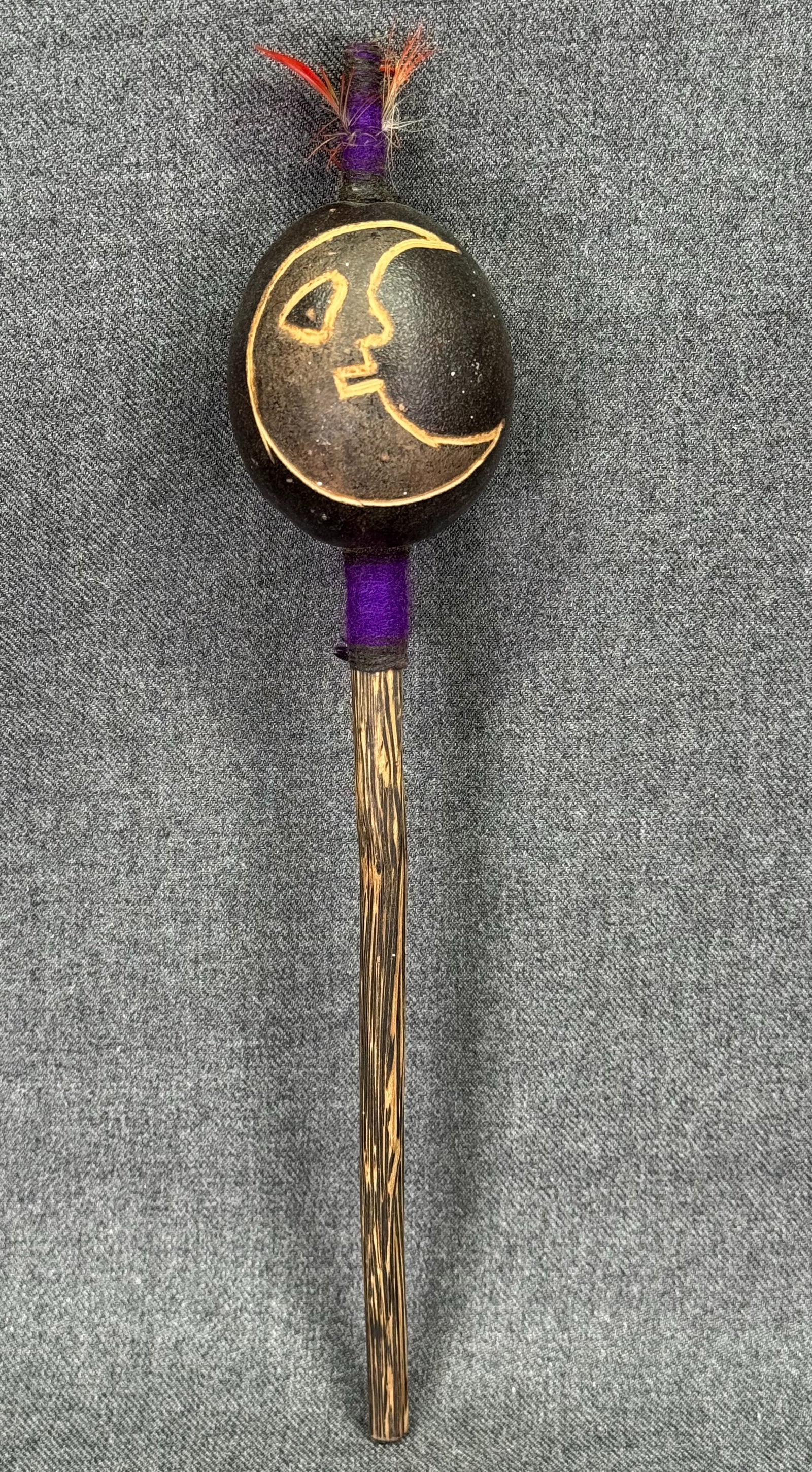 Amazonian Shipibo Sun / Crescent Moon Rattle. Decorated gourd, wood, feathers, fibers. (1 of 8)