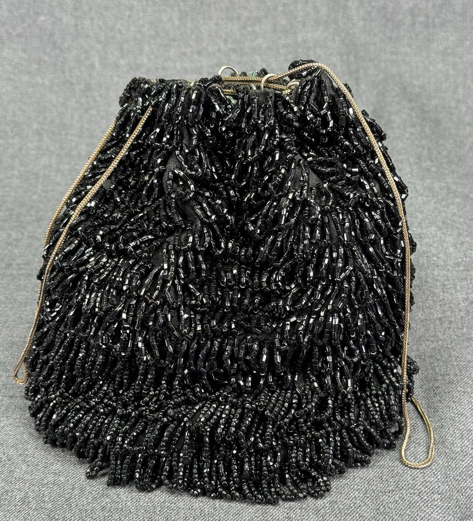 Antique Flapper Black Beaded with Loops Drawstring Purse Bag (1 of 10)