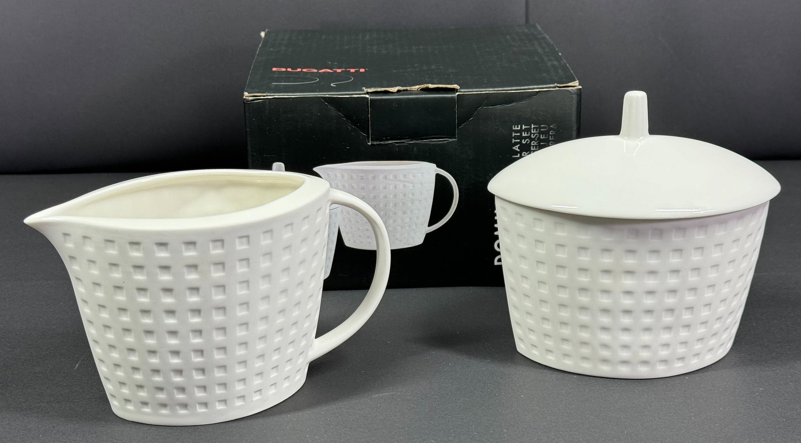 Casa Bugatti Italy Domino Unused Porcelain Sugar and Creamer Set. Original box. (1 of 7)