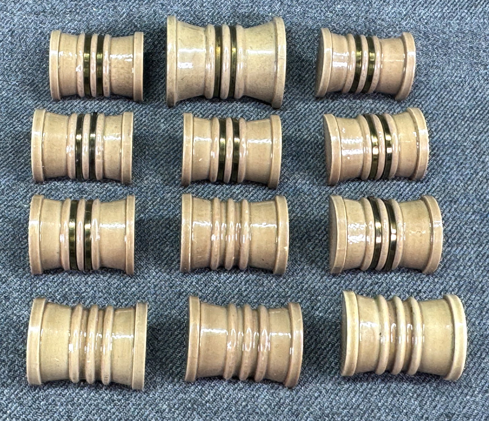 Vintage goldtone metal wired & unwired striped beigeplastic bow shaped buttons. Lot of 12 . Unused (1 of 6)
