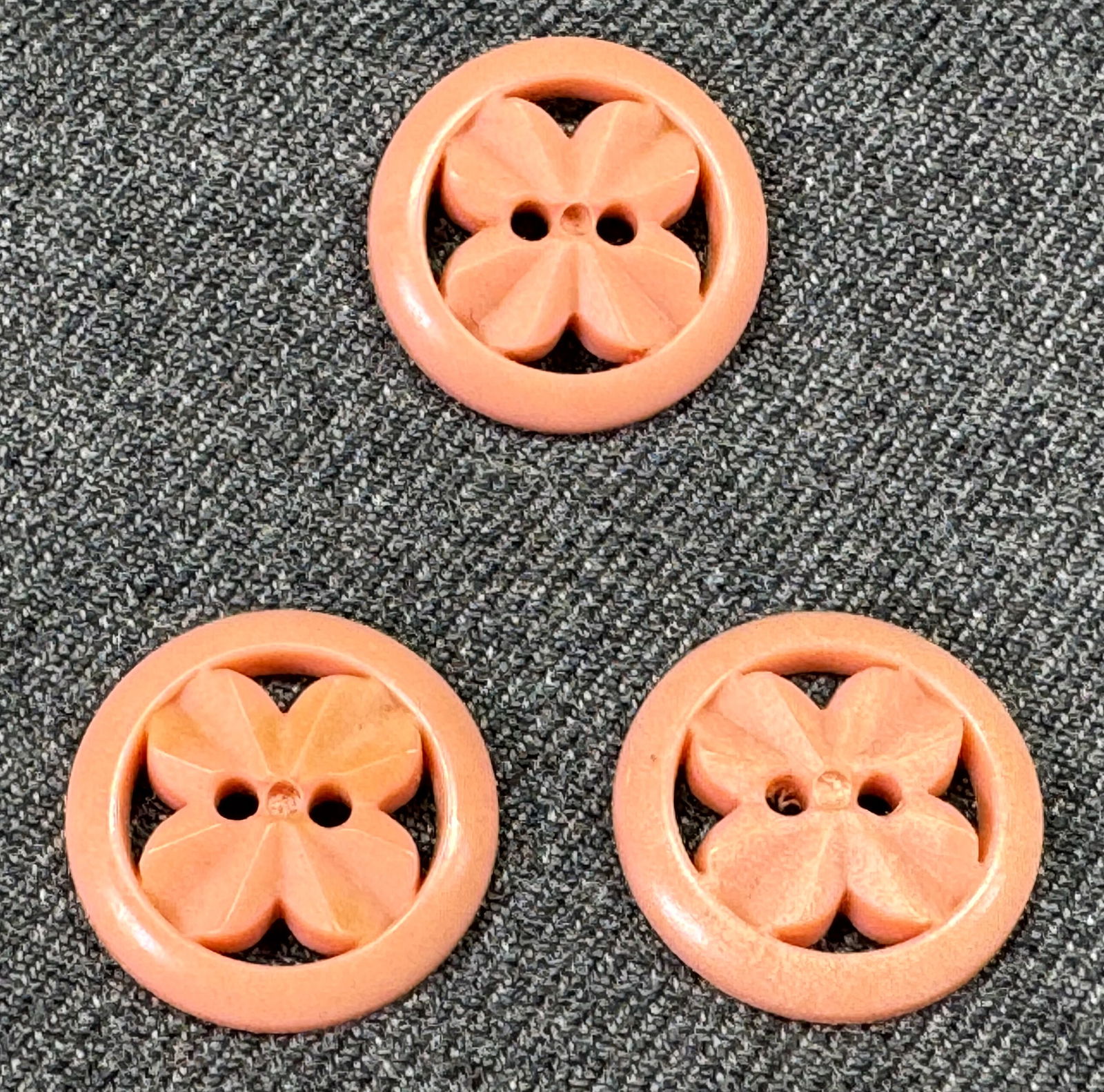 Vintage rose coral color galalith pierced flower buttons. Lot of 3: IN HOUSE FLAT SHIPPING & HANDLING COST WITHIN ALL THE U.S. : $7 To bypass LiveShipping, and use our In-House shipping service for $7 or shipping combined for multiple lots, please select “Arrange Yo