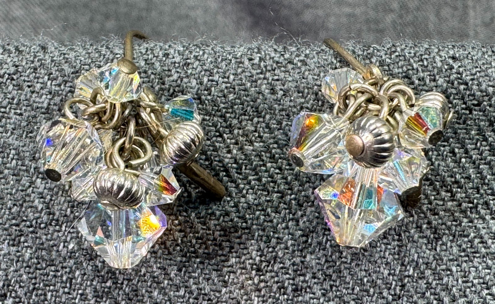 Vintage AB crystals silver-toned metal beads cluster pierced earrings *a (1 of 3)