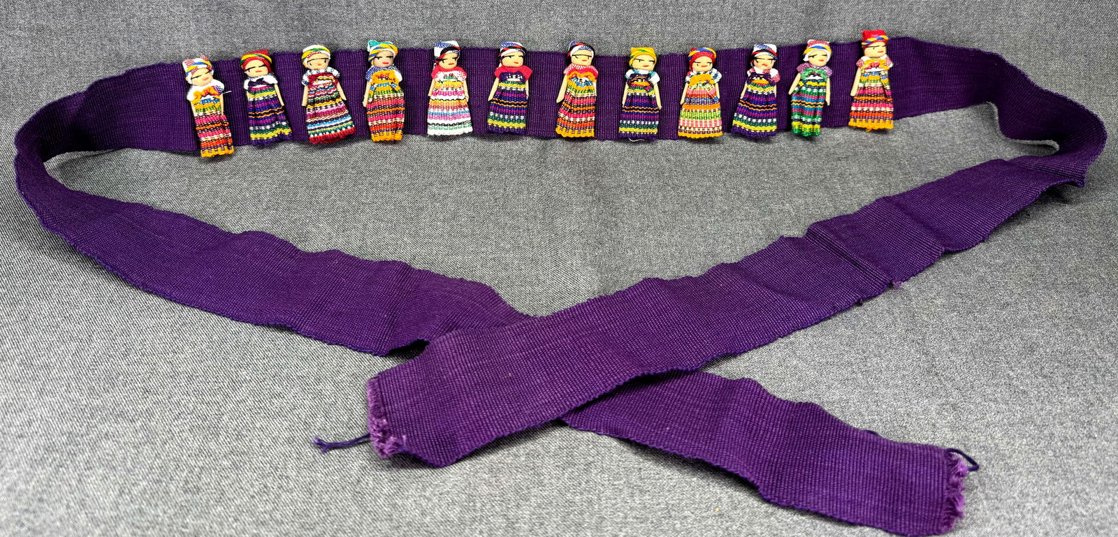 Vintage Guatemalan worry dolls woven on loon purple strap belt sash *a (1 of 8)