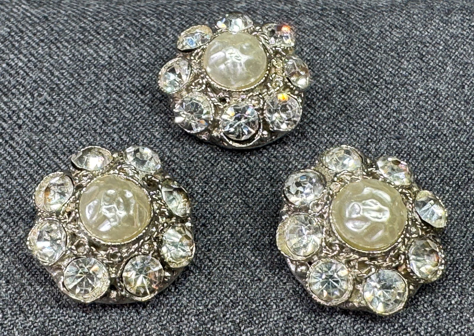 Vintage clear crystals, pearly bead silver-toned metal flower buttons. Lot of 3. #a (1 of 4)