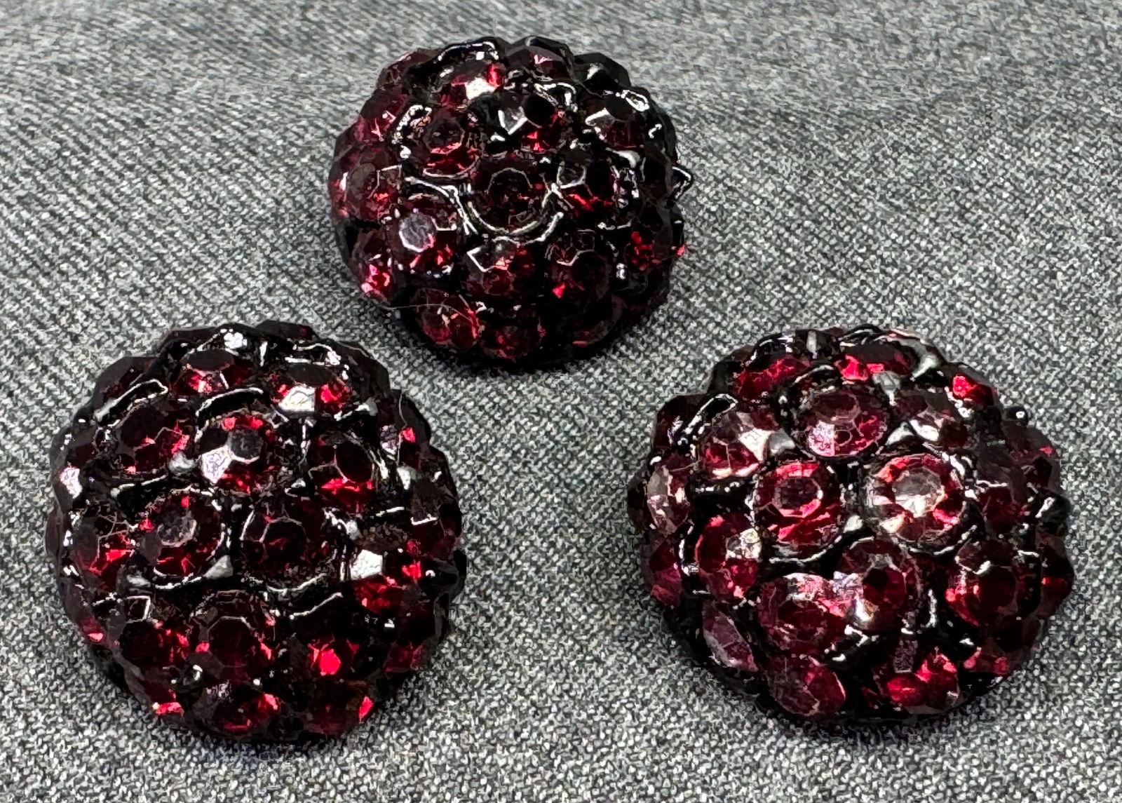Vintage ruby color crystals Japanned metal dome buttons. Lot of 3. #a (1 of 4)