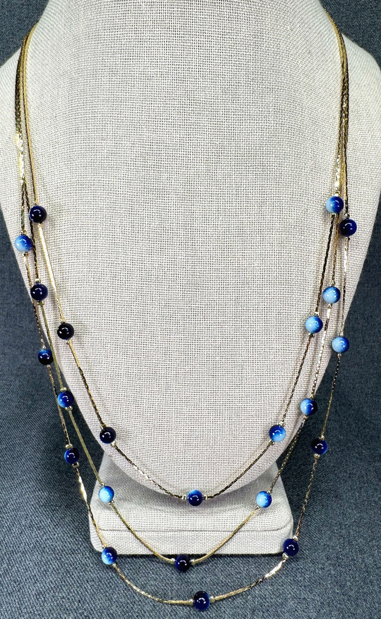Vintage bluish resin beads gold-toned snake chain 3 strands necklace. #a (1 of 4)