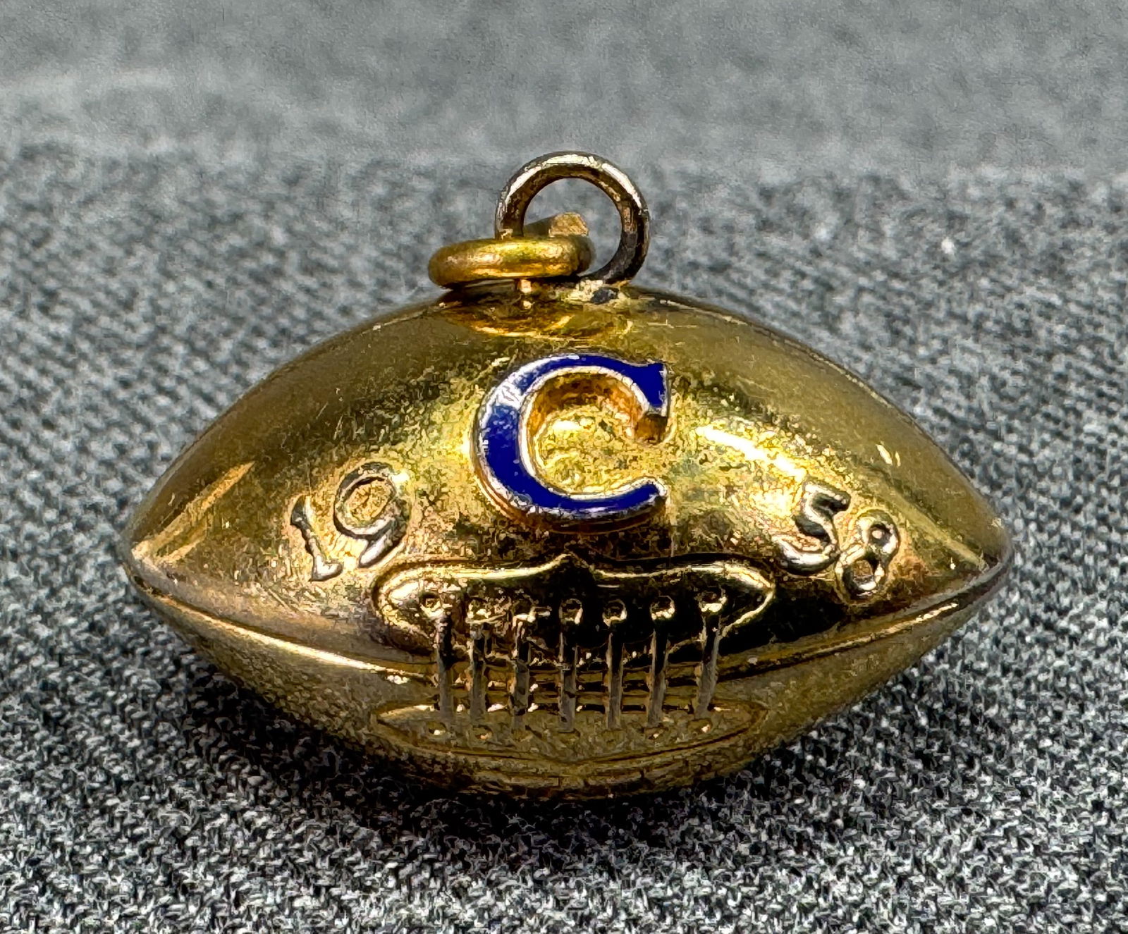 Vintage 1958 enamel letter C goldtoned State Champions football charm fob: IN HOUSE FLAT SHIPPING & HANDLING COST WITHIN ALL THE U.S. : 7 To bypass LiveShipping, and use our In-House shipping service for 7 or shipping combined for multiple lots, please select “Arrange Your