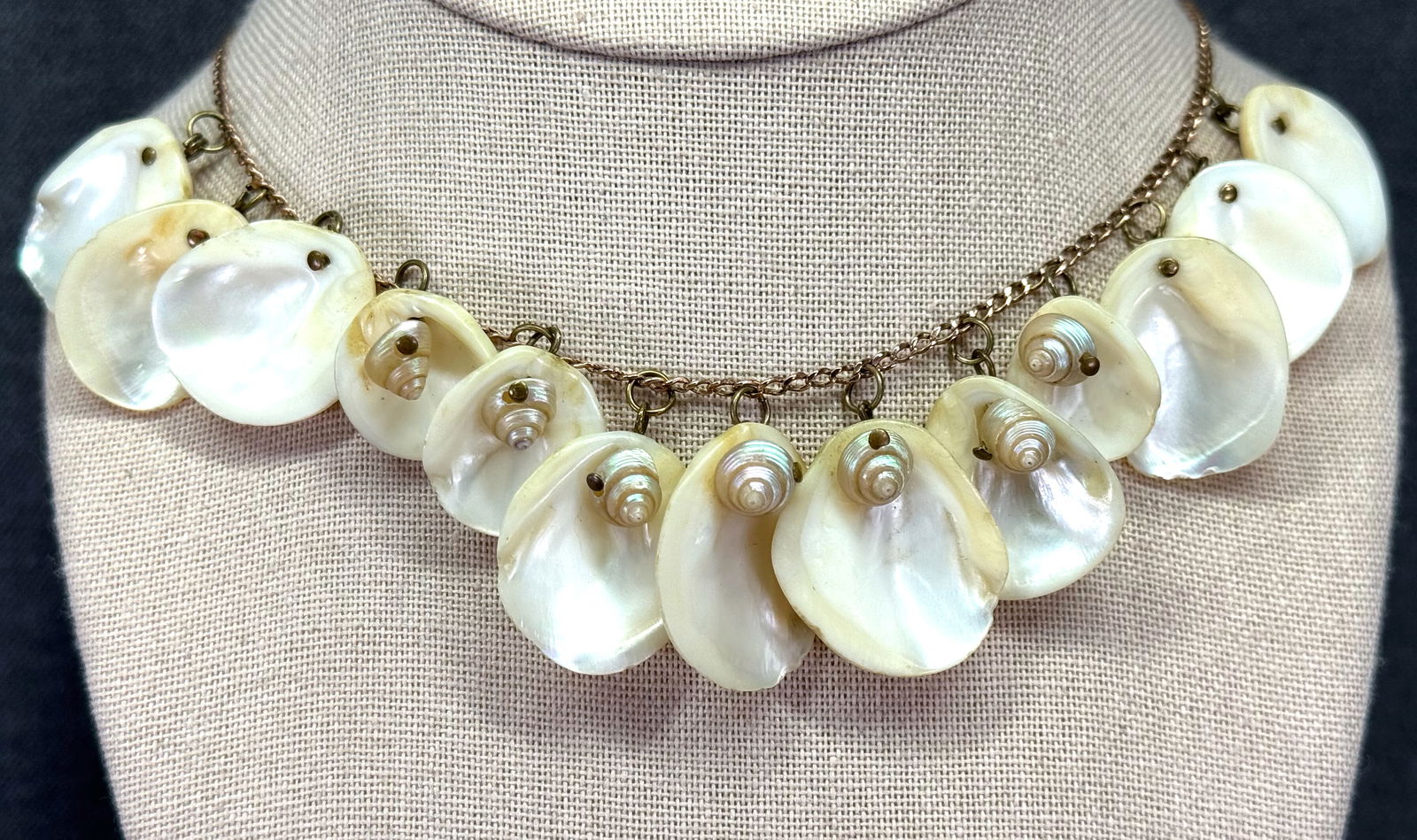 Vintage early Miriam Haskell? shell dangles gold-filled chain strap necklace: IN HOUSE FLAT SHIPPING & HANDLING COST WITHIN ALL THE U.S. : $7 To bypass LiveShipping, and use our In-House shipping service for $7 or shipping combined for multiple lots, please select “Arrange Yo