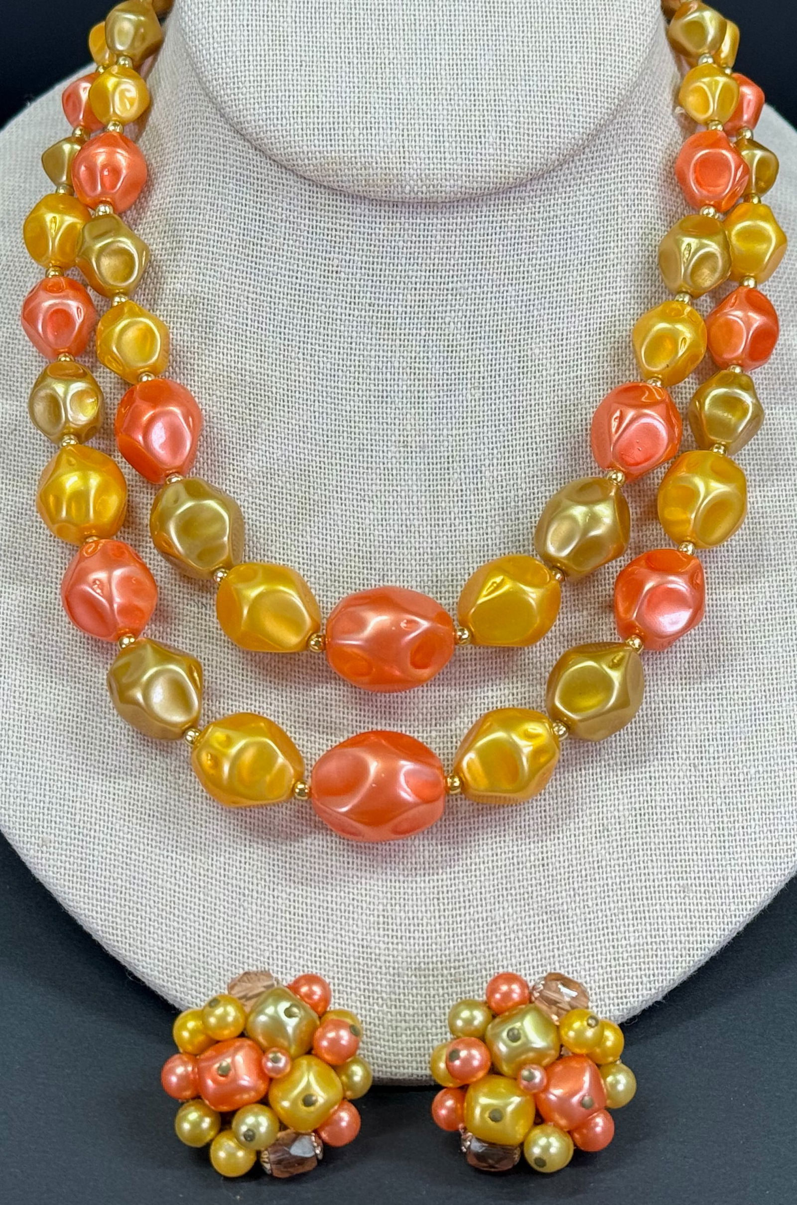 Vintage Japan orangine & golden pearly beads 2 strands collar necklace and matching clip earrings (1 of 12)