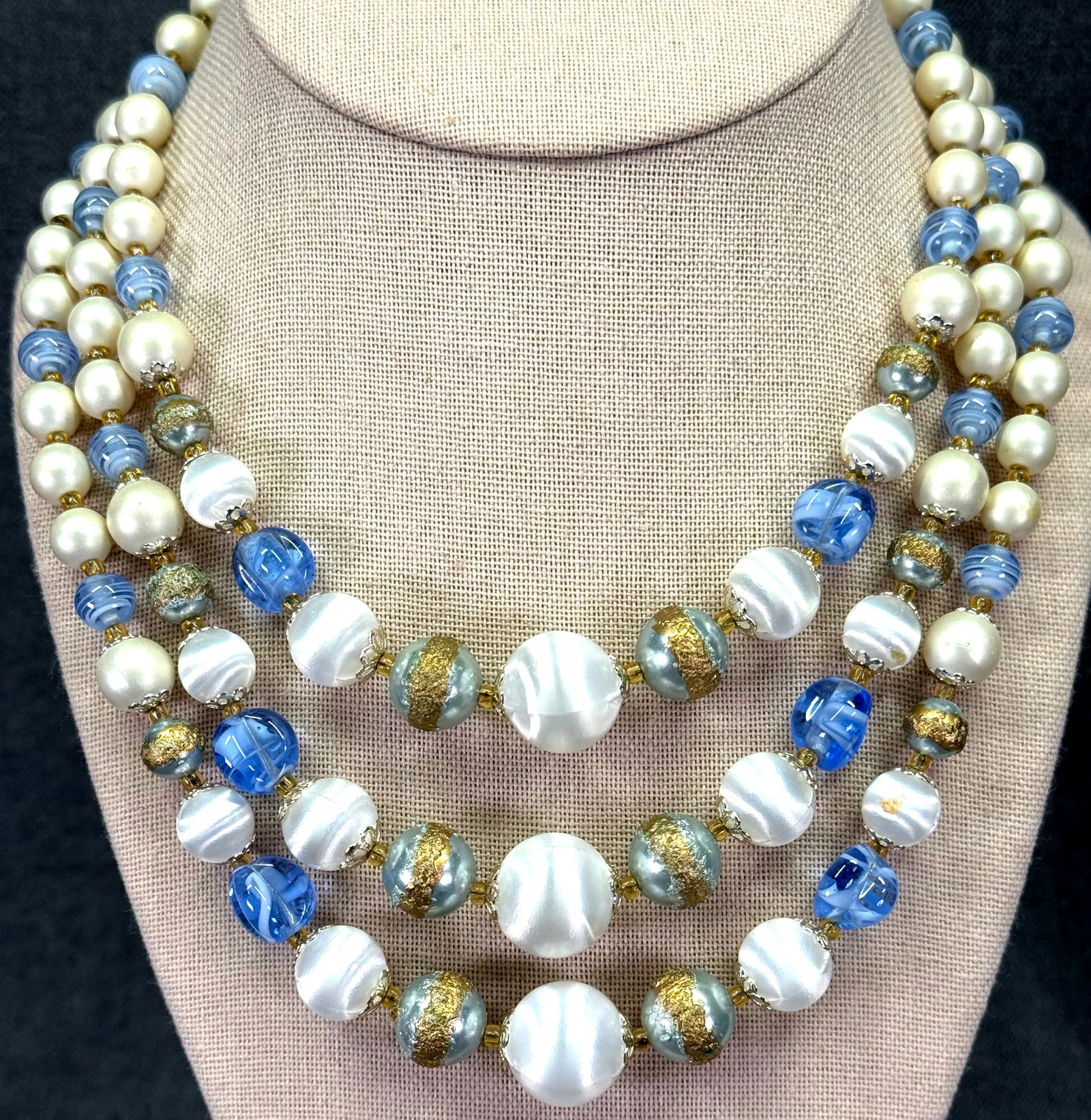 Vintage Japan bluish & creamy assorted beads 3 strands collar necklace. (1 of 10)
