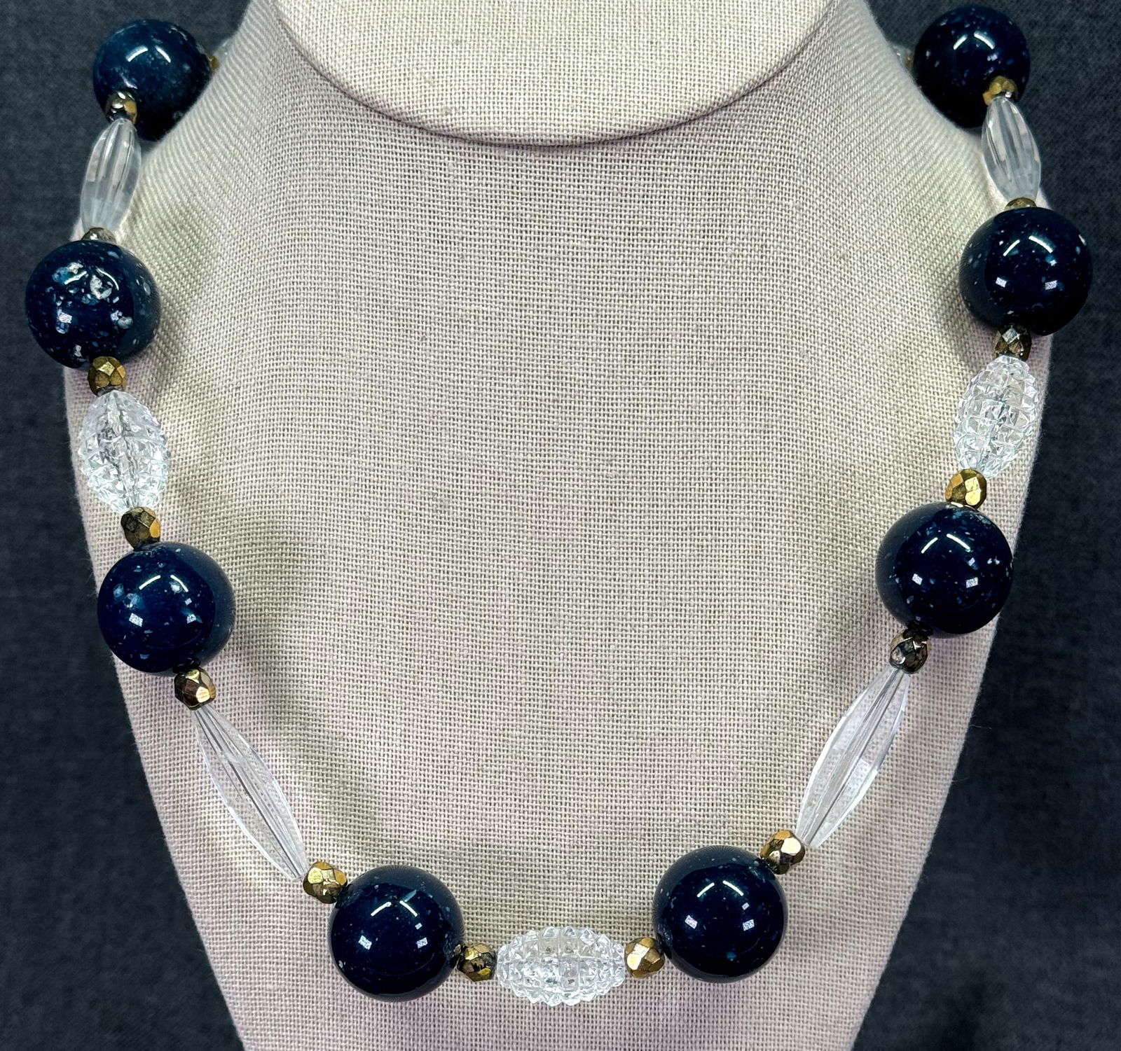 Vintage clear and blue lucite & golden crystals beads necklace. (1 of 5)