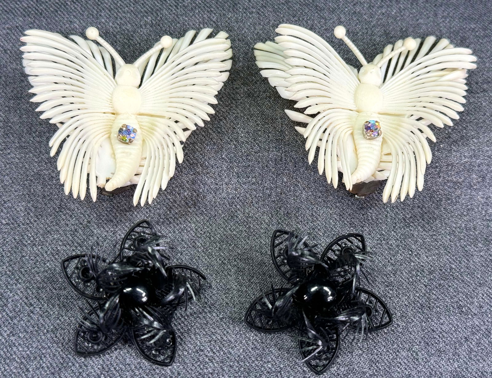 Vintage German AB crystal plastic white large butterfly & black flower clip on earrings.: IN HOUSE FLAT SHIPPING & HANDLING COST WITHIN ALL THE U.S. : 7 To bypass LiveShipping, and use our In-House shipping service for 7 or shipping combined for multiple lots, please select “Arrange Your