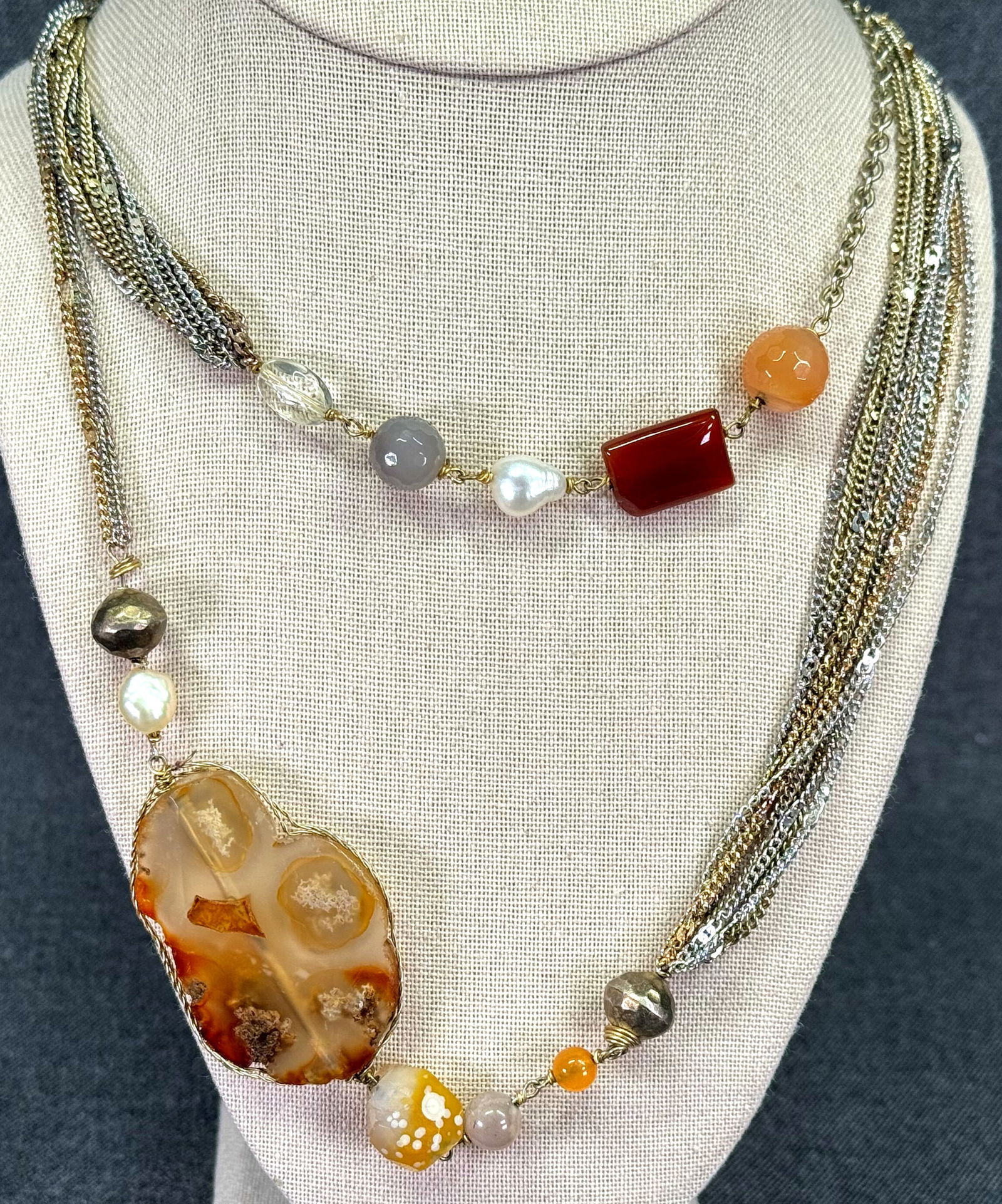 Artisan agate stone & baroque pearls beads multi chain necklace 1APT (1 of 7)
