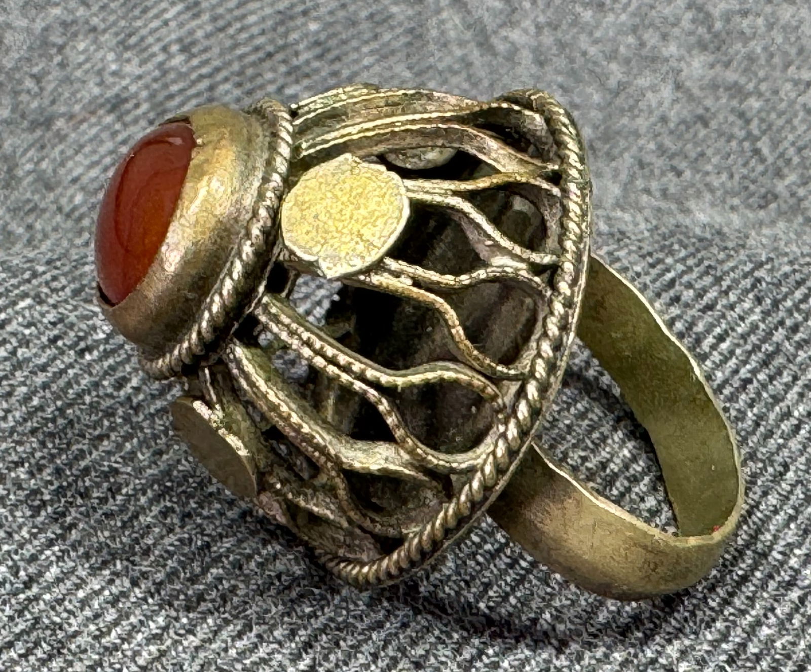Vintage ethnic carnelian silver-toned filigree dome ring (1 of 7)