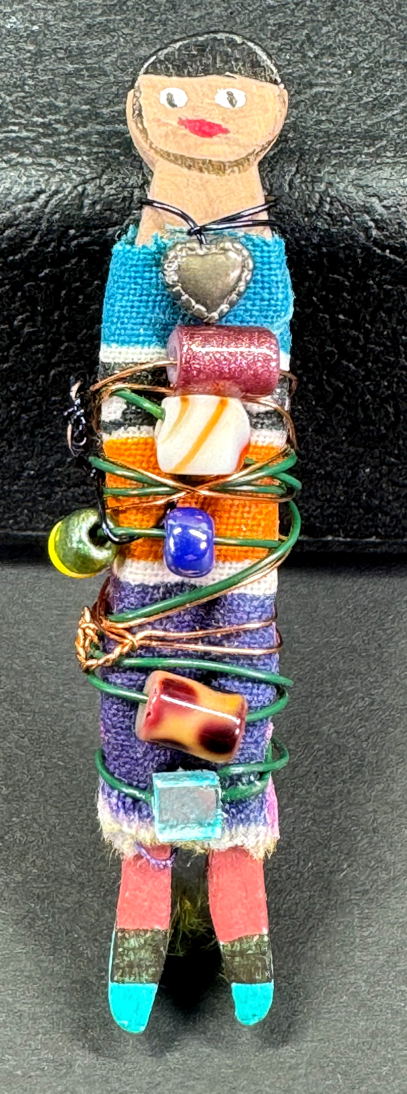 Vintage folk fabric, wire, glass beads & heart dangle painted wood woman pin brooch.: IN HOUSE FLAT SHIPPING & HANDLING COST WITHIN ALL THE U.S. : 7 To bypass LiveShipping, and use our In-House shipping service for 7 or shipping combined for multiple lots, please select “Arrange Your