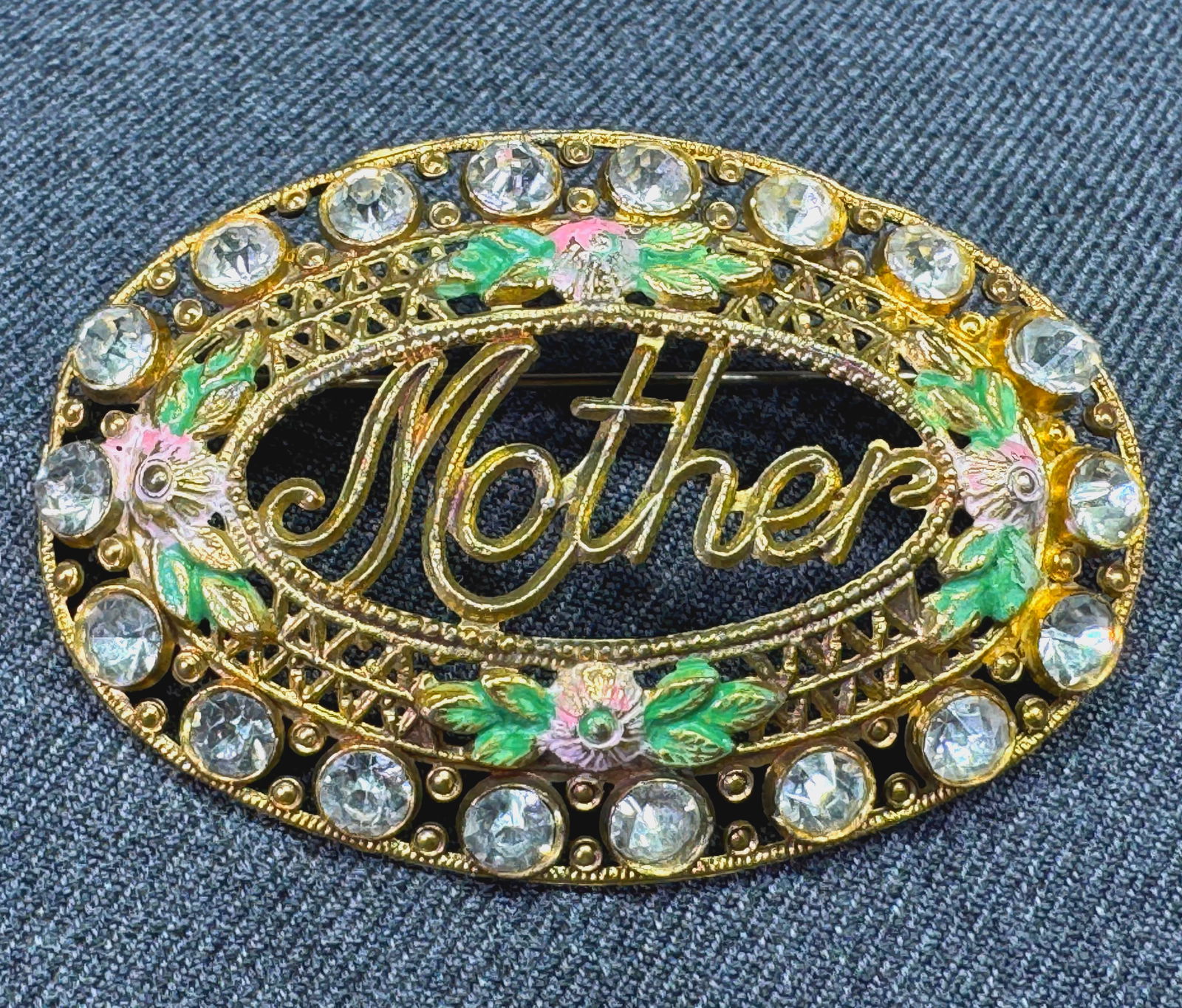 Vintage Mother crystals enamel filigree gold-toned pot metal brooch pin. V: IN HOUSE FLAT SHIPPING & HANDLING COST WITHIN ALL THE U.S. : 7 To bypass LiveShipping, and use our In-House shipping service for 7 or shipping combined for multiple lots, please select “Arrange Your