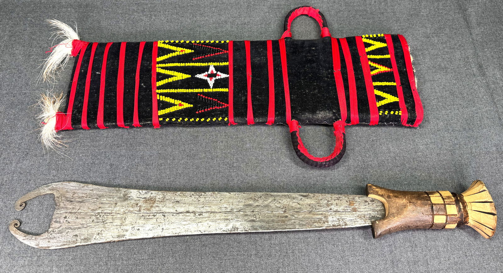 African Tikar Cameroon Sword with Sheath . Iron, wood, fabric, beads. (1 of 14)